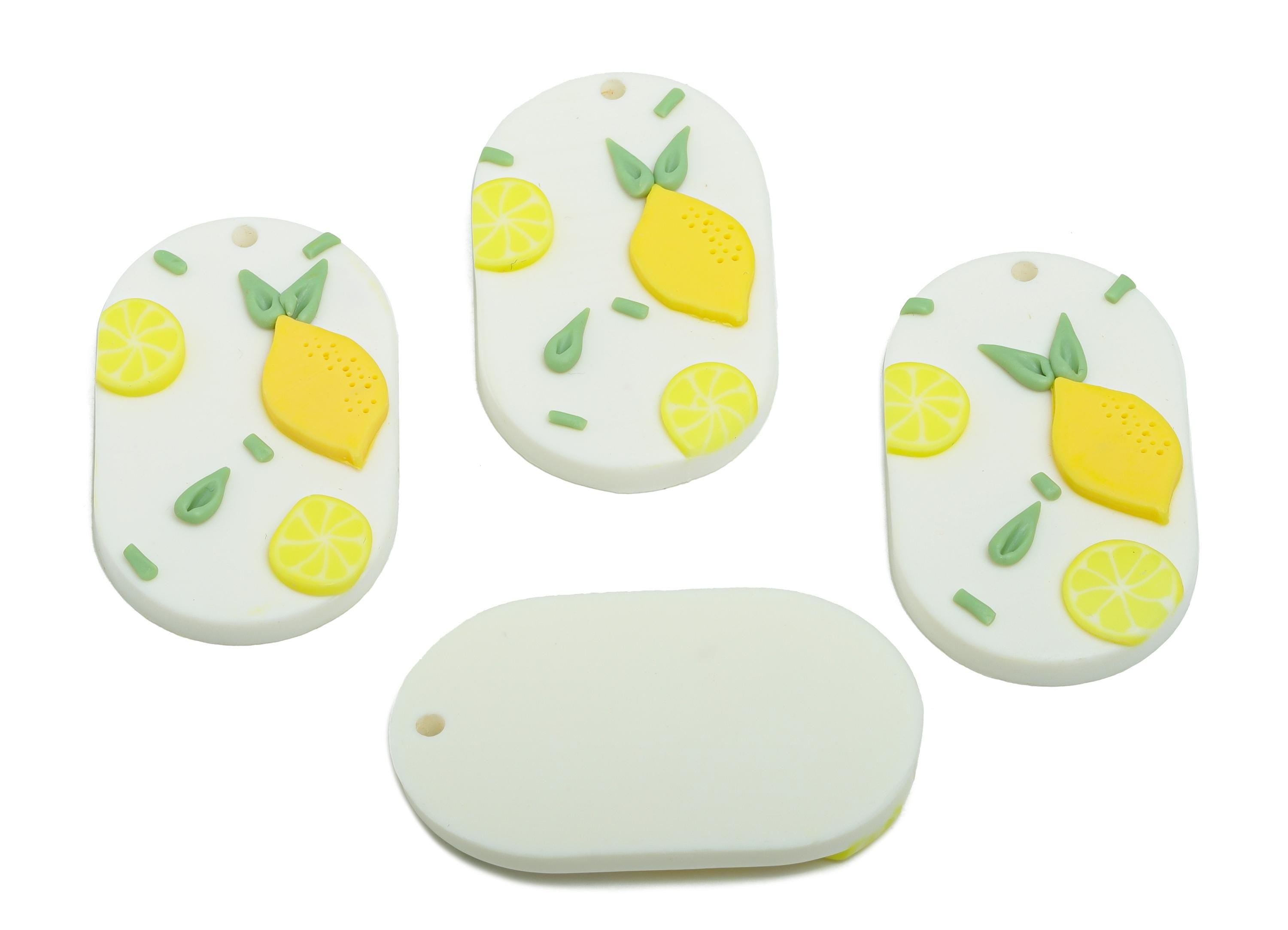 Bright Lemon Charm - Handmade Polymer Clay Pendant - Oval Rectangle Fruit Pattern - Pastel Yellow Pendant - Cute Charm - 35x21x4mm - PC2392