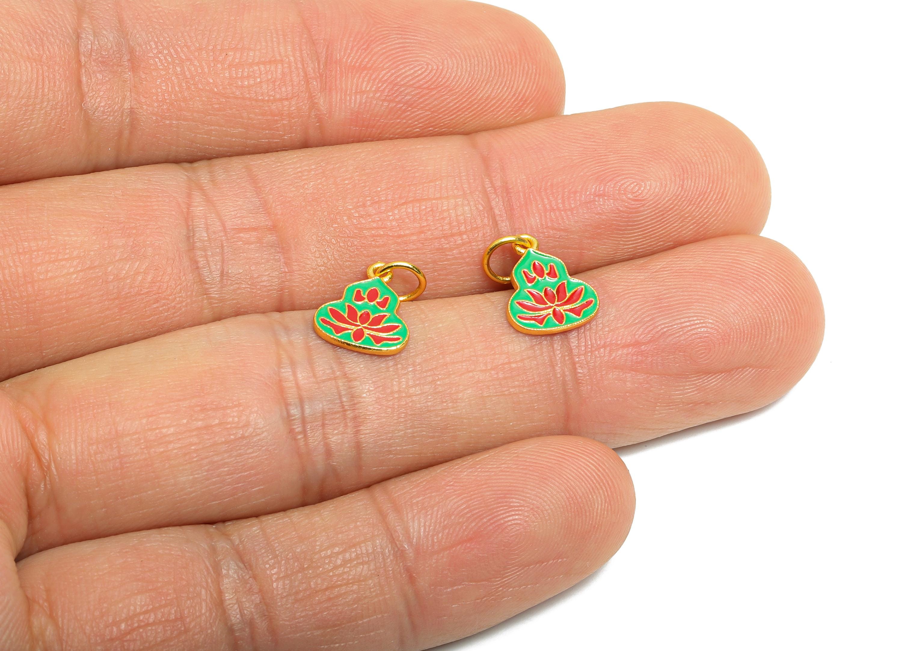 Brass Enamel Gourd Charm - Cloisonné Lotus Amulet Pendant - Green & Red Cloisonné Jewelry - 24K Real Gold Plated - 11x8.83x0.91mm - RGP10992