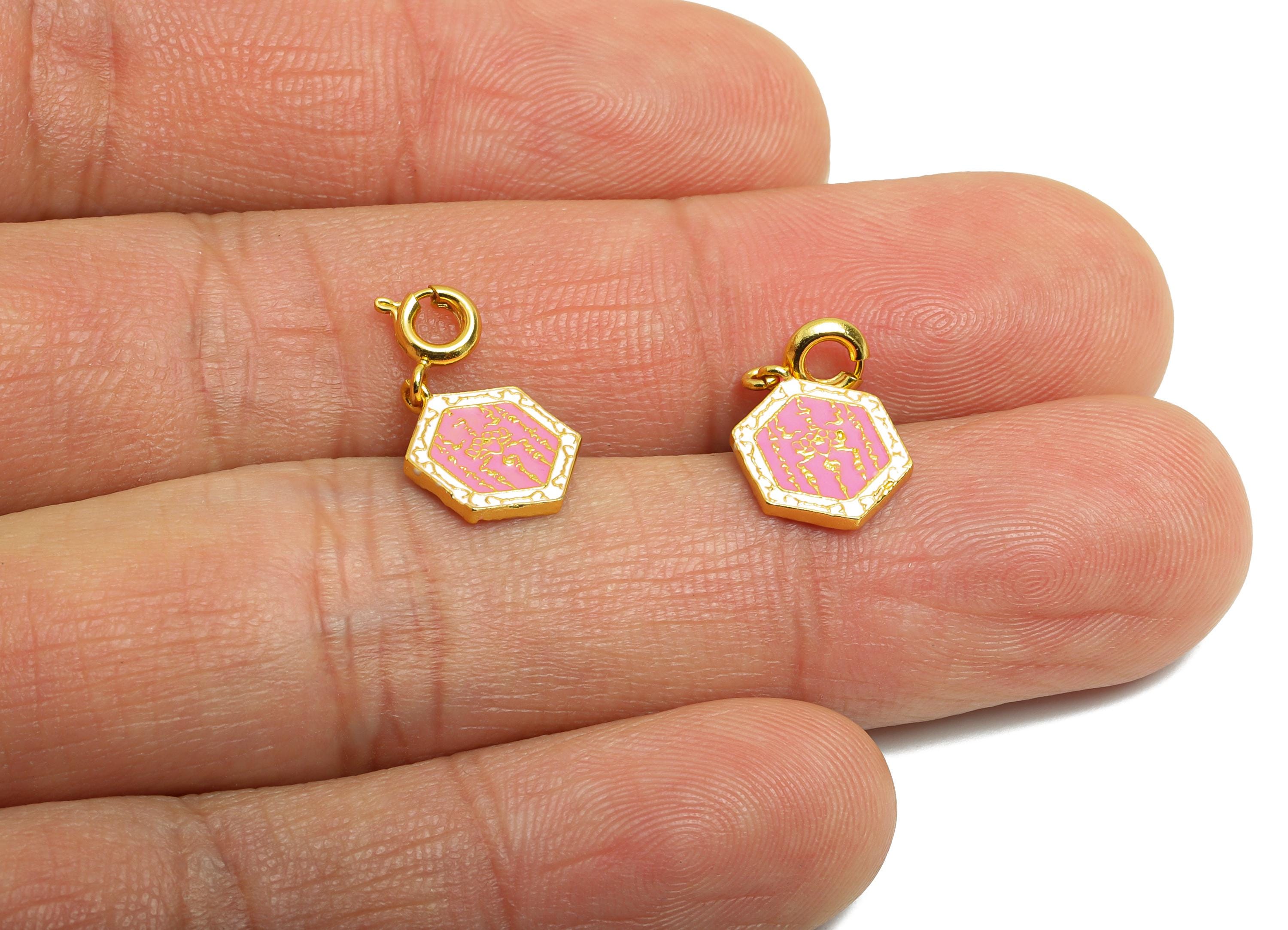 Brass Enamel Clasp - Pink Octagonal Energy Talisman Clasp - Handmade Eastern Charm For Bracelet - 24K Real Gold Plated - 12x10x1mm -RGP10982