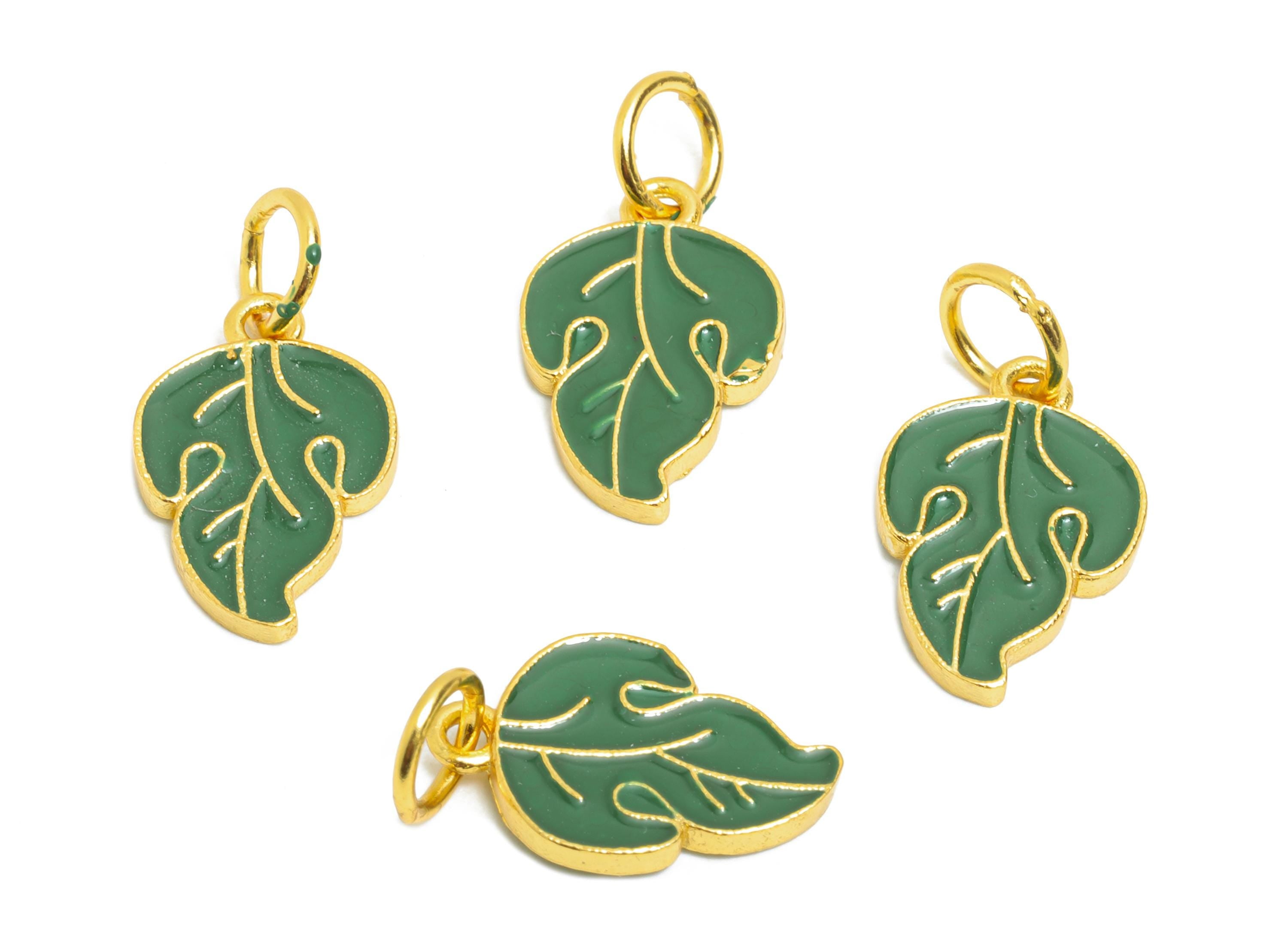 Brass Enamel Leaf Charm - Tropical Leaf Charm for Jewelry Making - For Bracelets & Necklaces - 24K Real Gold Plated - 12x8x1.32mm - RGP10994