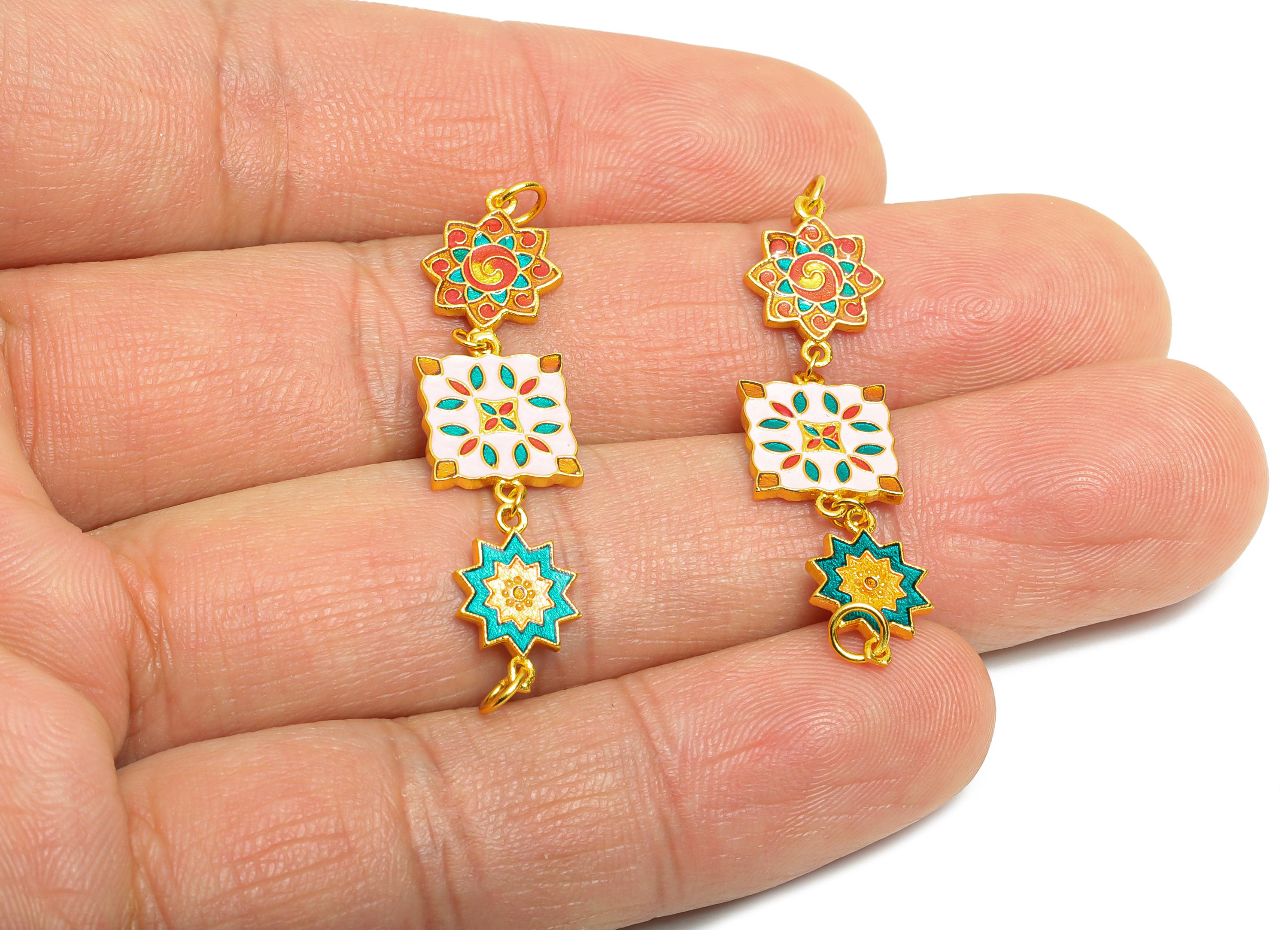 Brass Enamel Geometric Mandala Charm for Bracelets - Artistic Enamel Connector for DIY Jewelry - 24K Real Gold Plated - 43x13x1.1mm-RGP11007