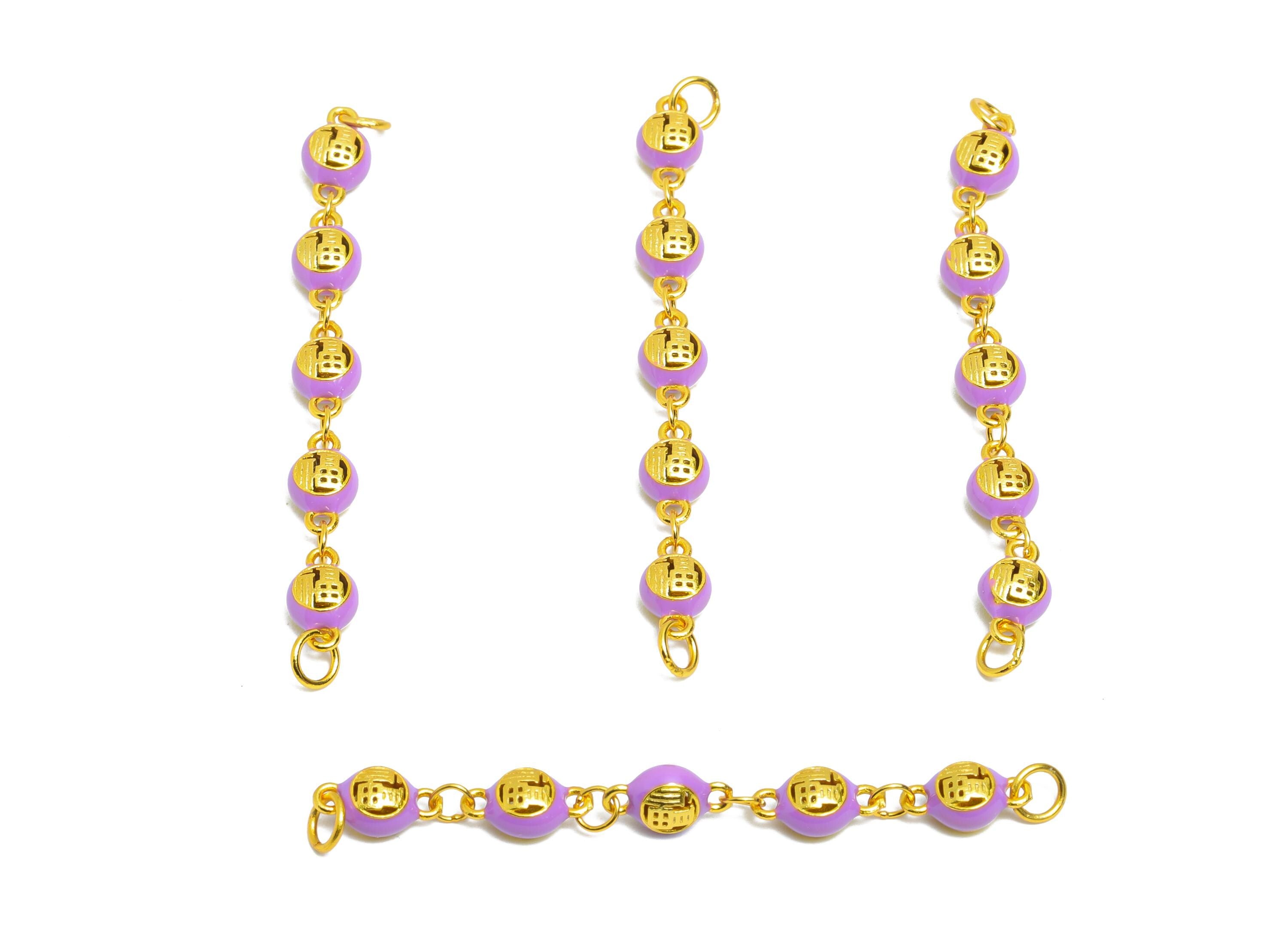 Brass Enamel Purple Beaded Link Bracelet - Traditional Customizable Connector for DIY Jewelry - 24K Real Gold Plated - 49x4x3mm - RGP11006