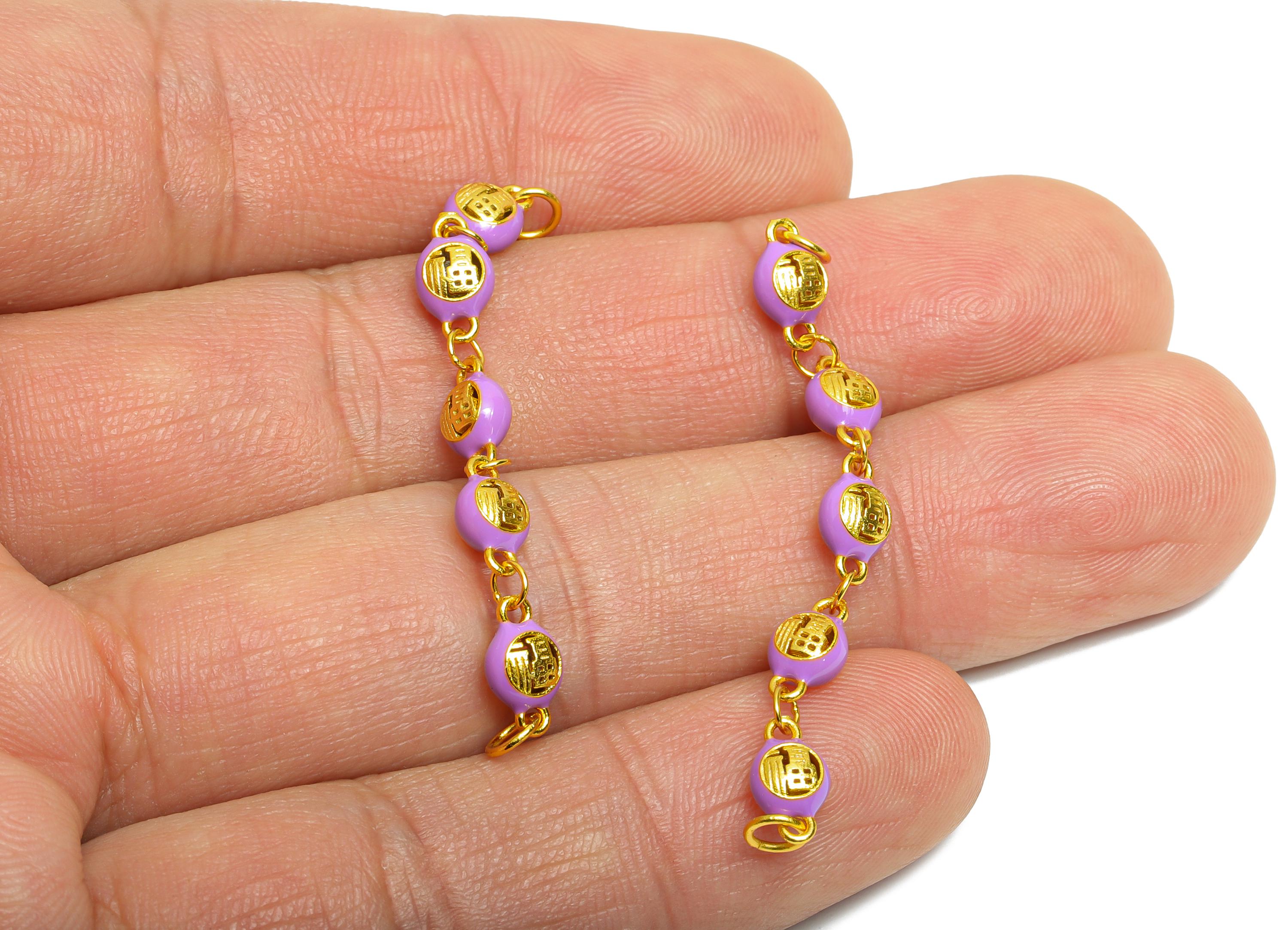 Brass Enamel Purple Beaded Link Bracelet - Traditional Customizable Connector for DIY Jewelry - 24K Real Gold Plated - 49x4x3mm - RGP11006