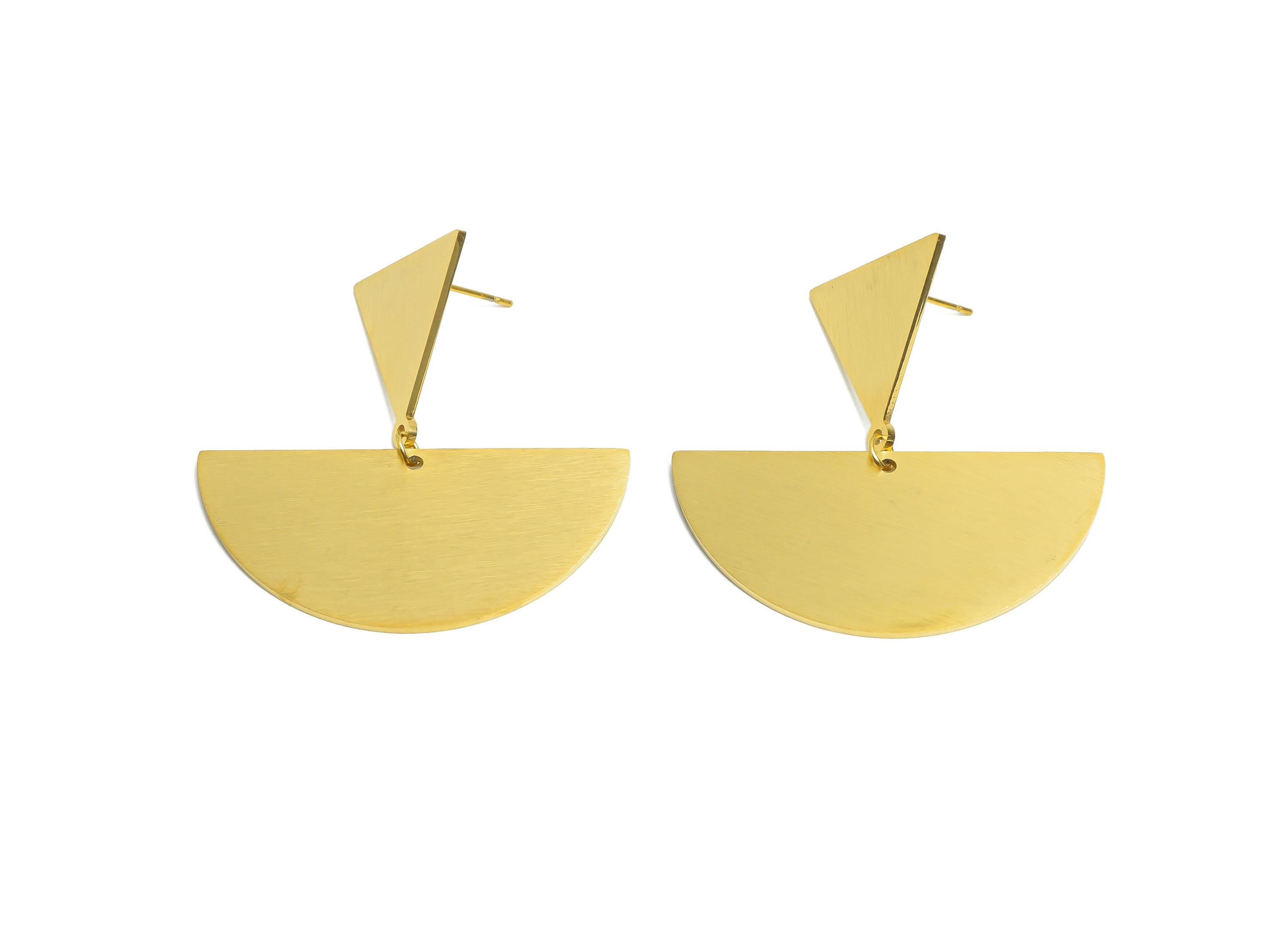 Steel Triangle Earring Stud - Modern Half Circle Dangle Earrings - Handmade Geometric Earring Post - Vacuum Gold Plating - 40x42x1mm -SS2255 - DOMEDBAZAAR