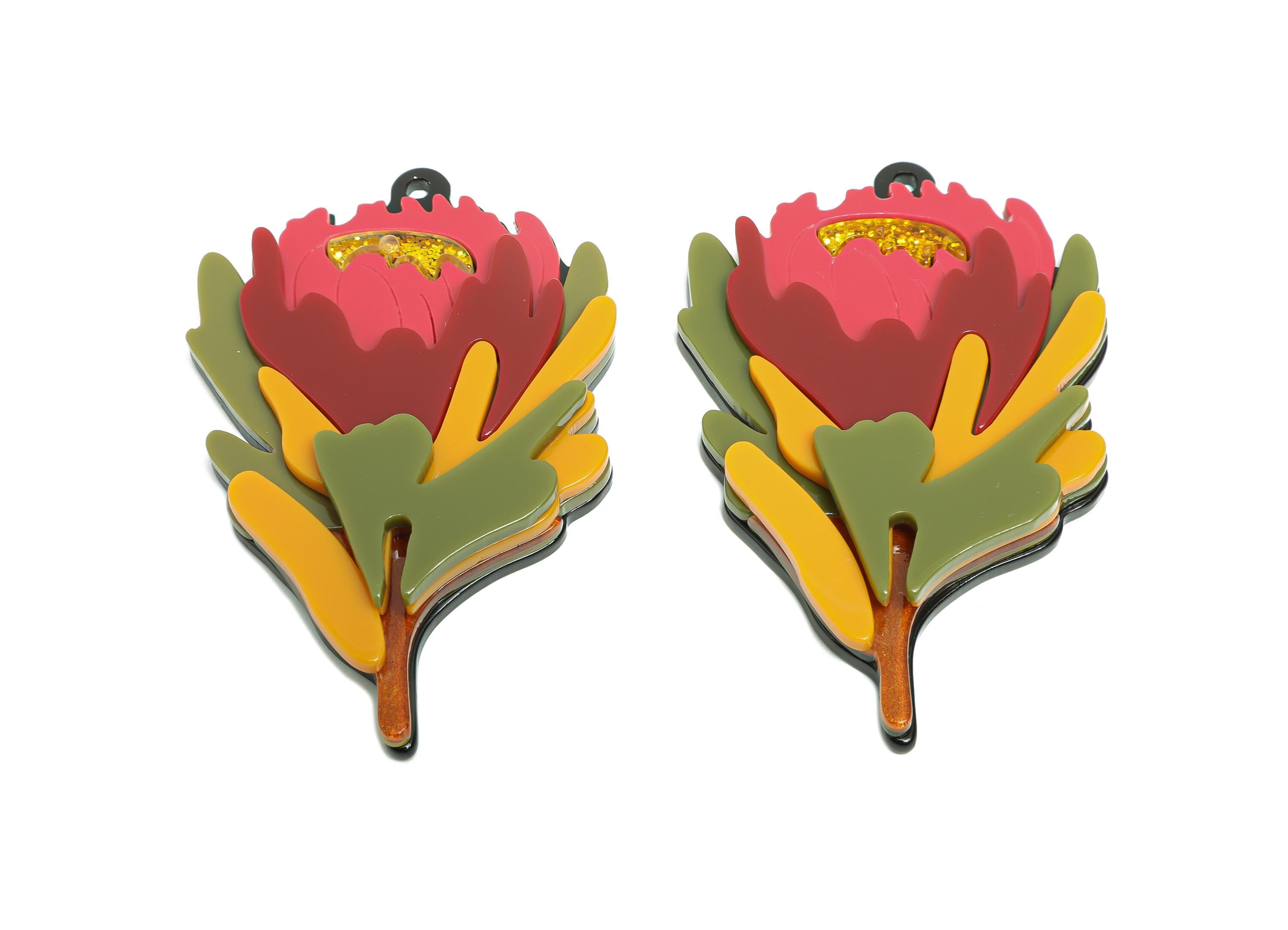 Acrylic Flower Charm - Nature Floral Pendant for Keychain - Handmade Botanical Keychain Design - DIY Making Accessory - 72x46x10mm - AC2655 - DOMEDBAZAAR