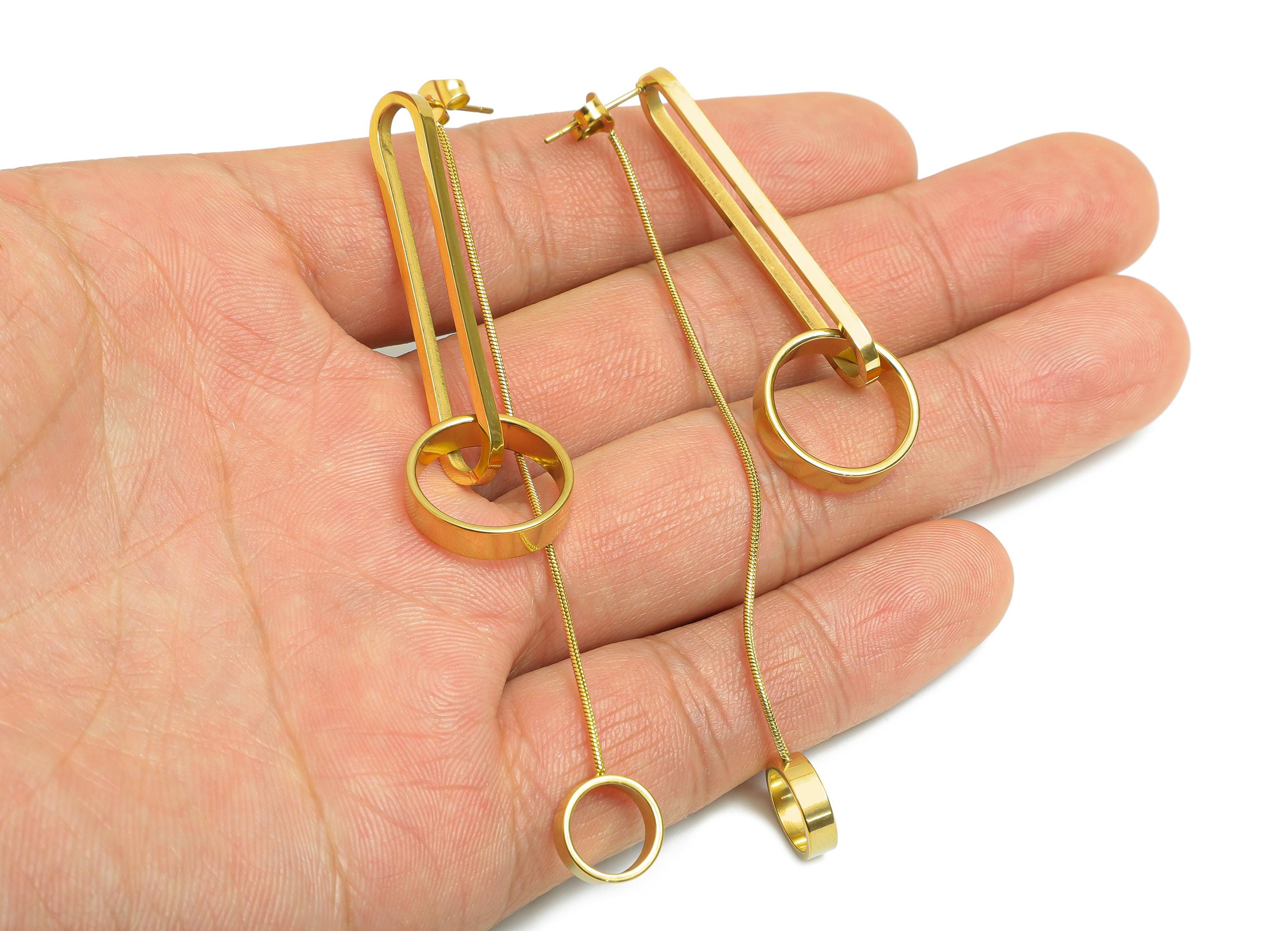 Steel Geometry Earring Stud - Modern Dangle Earring Post - Trendy Minimalist Geometric Earring Post - Vacuum Gold Plating - 83x7x13mm-SS2252 - DOMEDBAZAAR