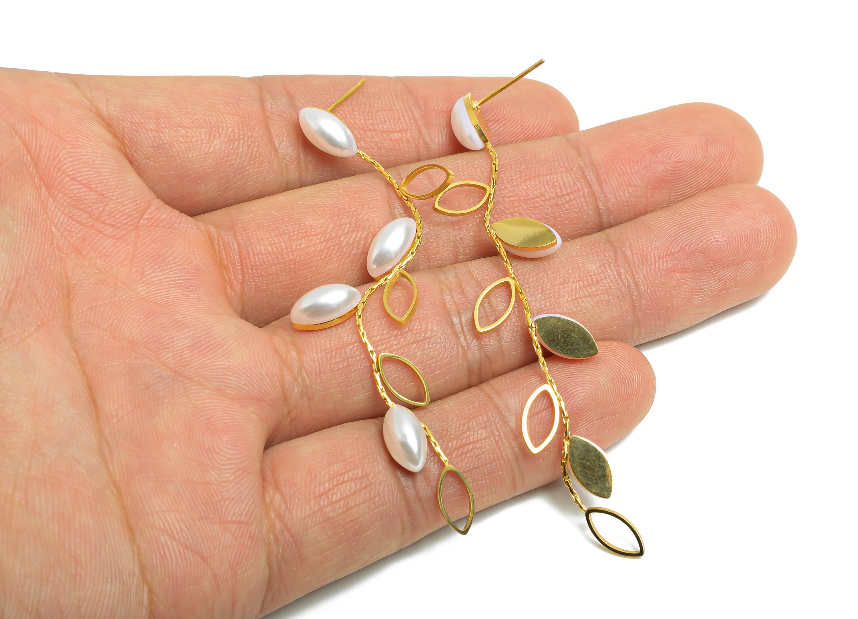 Steel Pearl Dangle Earring Post - Handmade Leaf Pearl Earring Stud - Wedding Earrings for Women - Vacuum Gold Plating - 78x19x4mm - SS2242 - DOMEDBAZAAR