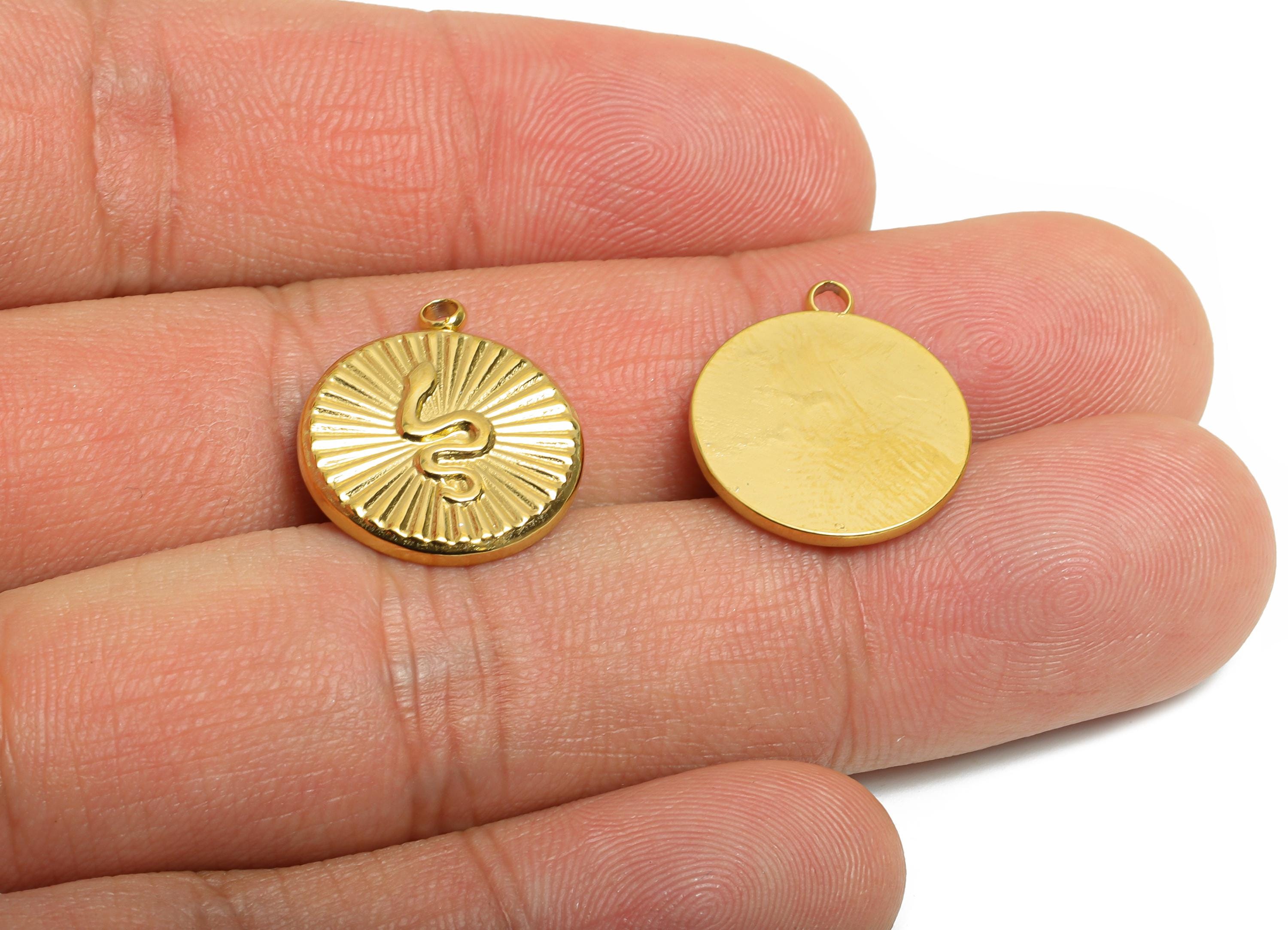 Stainless Steel Snake Charm - Textured Round Sunburst Snake Pendant - Mystical Serpent Charms - 18K Vacuum Plated - 18.7x15.9x2mm - SS2191G - DOMEDBAZAAR
