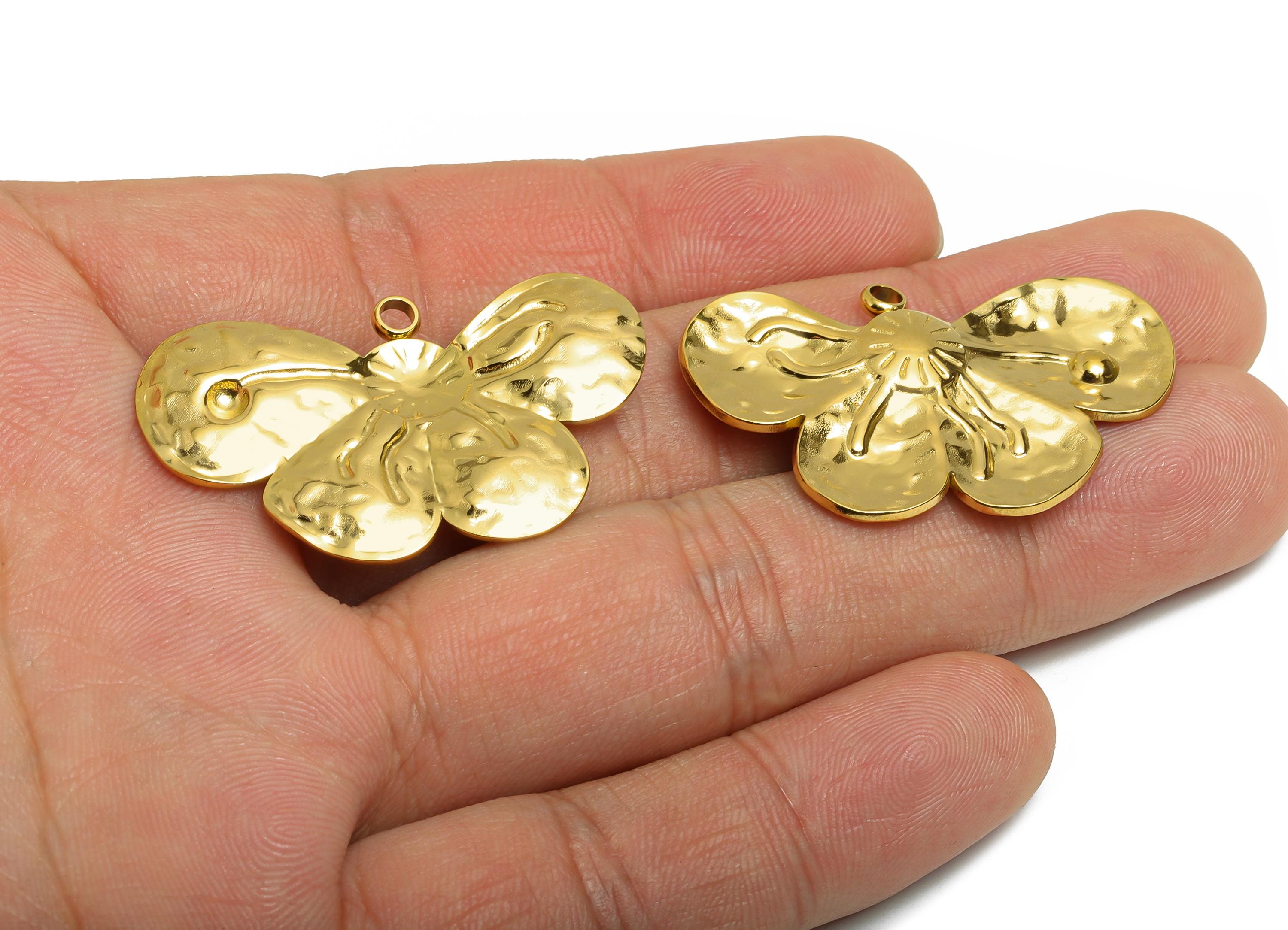 Steel Petal Pendant - Artisan Flower Pendant for Necklace - Hammered Botanical Floral Pendant - 18K Vacuum Plated - 23x38.6x2mm - SS2205G - DOMEDBAZAAR