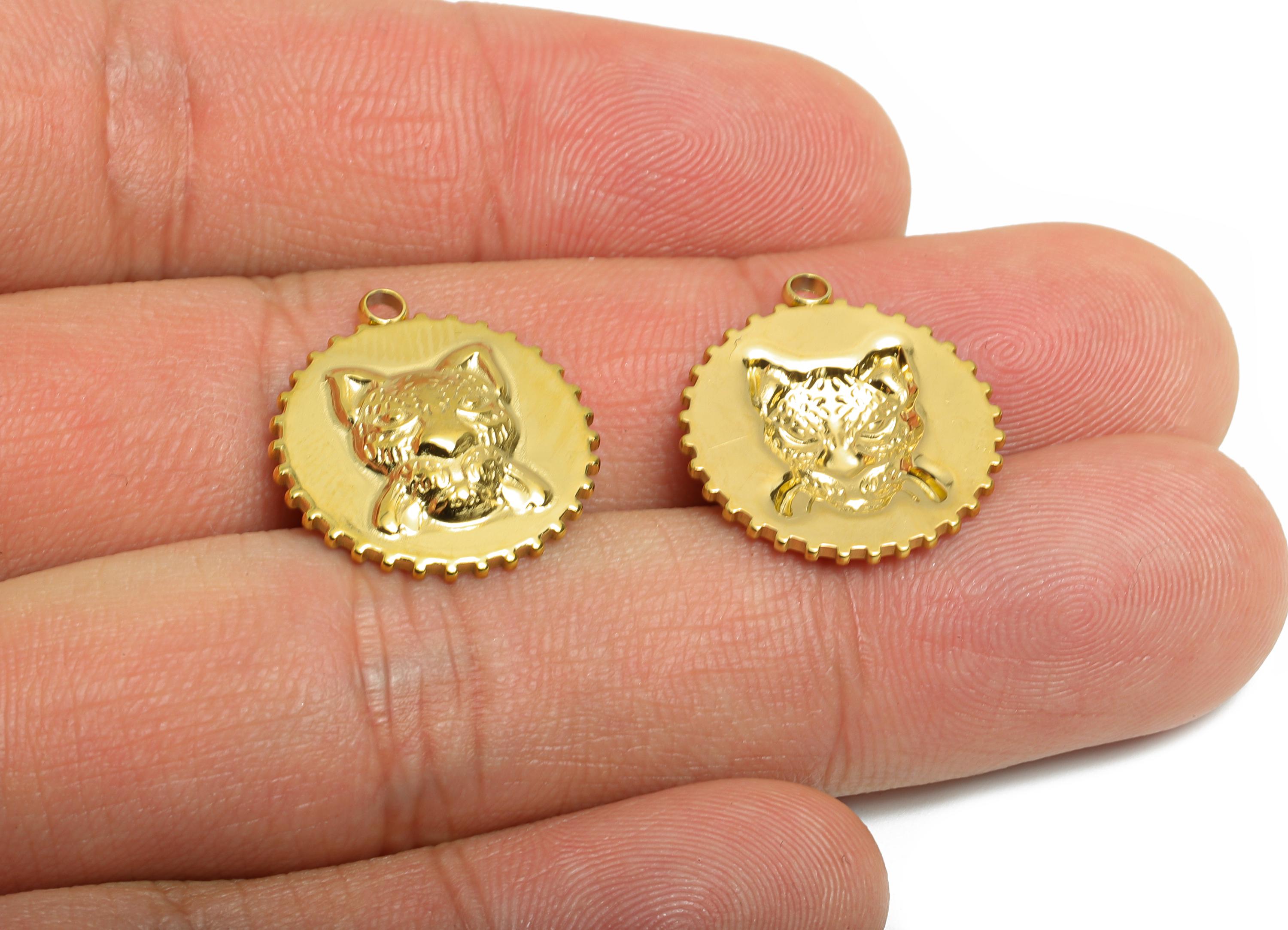 Stainless Steel Tiger Charm - Unique Jaguar Animal Necklace Pendant - Modern Steel Tiger Charm - 18K Real Vacuum Plated - 20x18x3mm -SS2186G - DOMEDBAZAAR