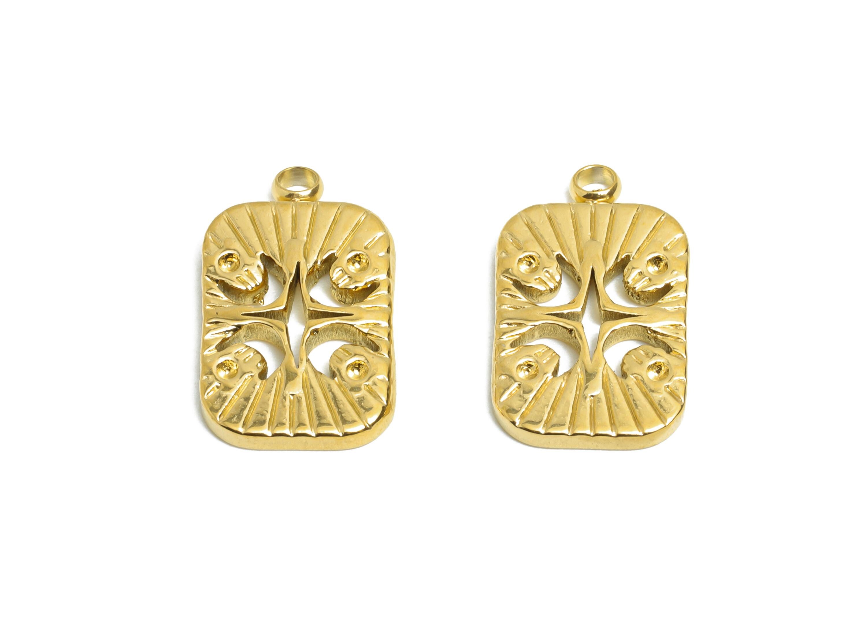 Steel Rectangle Charm - Vintage Geometric Moon Necklace Pendant - Rustic Talisman Pendant - 18K Vacuum Plated - 17.8x10.59x1.7mm - SS2200G - DOMEDBAZAAR