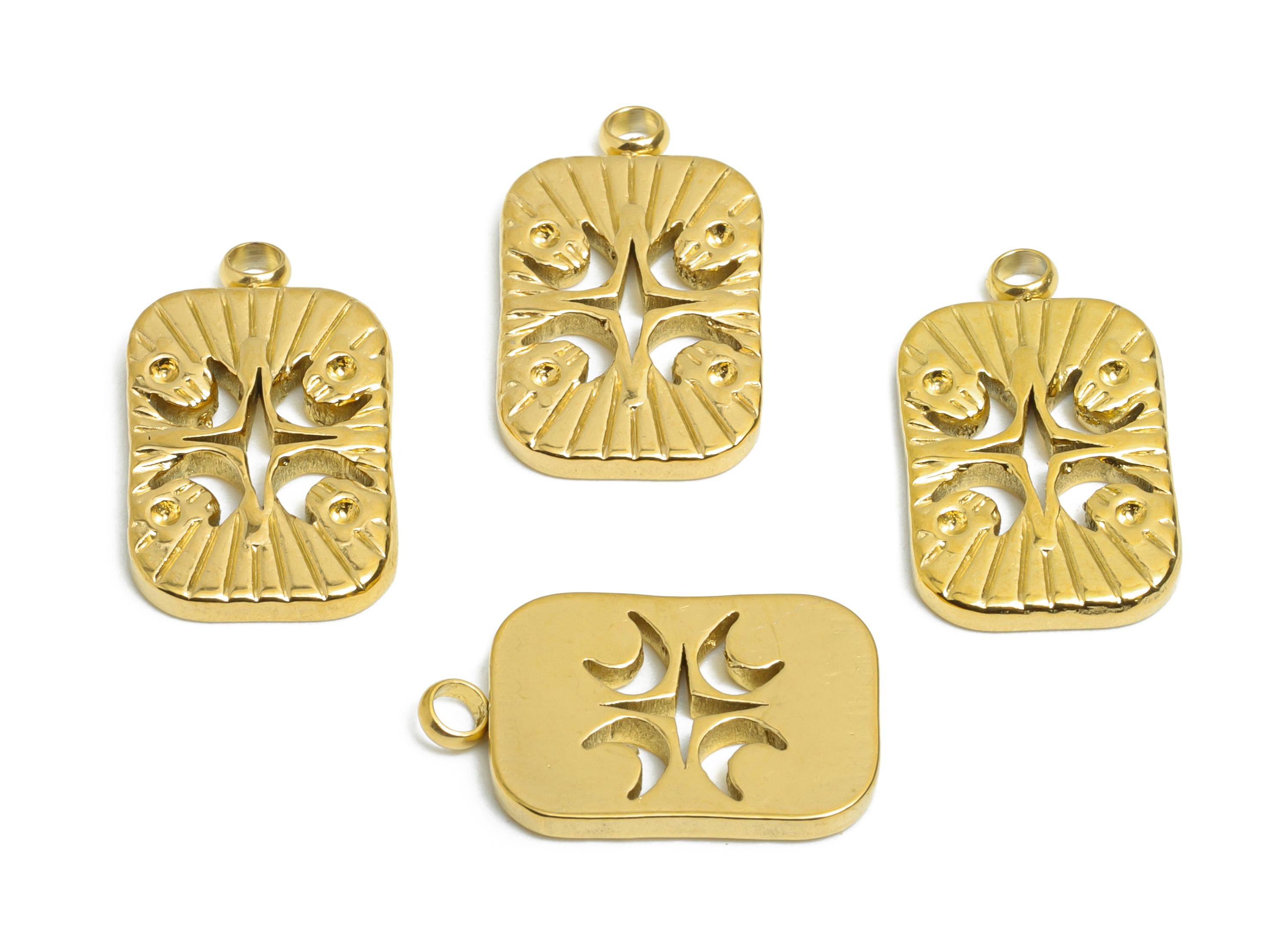 Steel Rectangle Charm - Vintage Geometric Moon Necklace Pendant - Rustic Talisman Pendant - 18K Vacuum Plated - 17.8x10.59x1.7mm - SS2200G - DOMEDBAZAAR