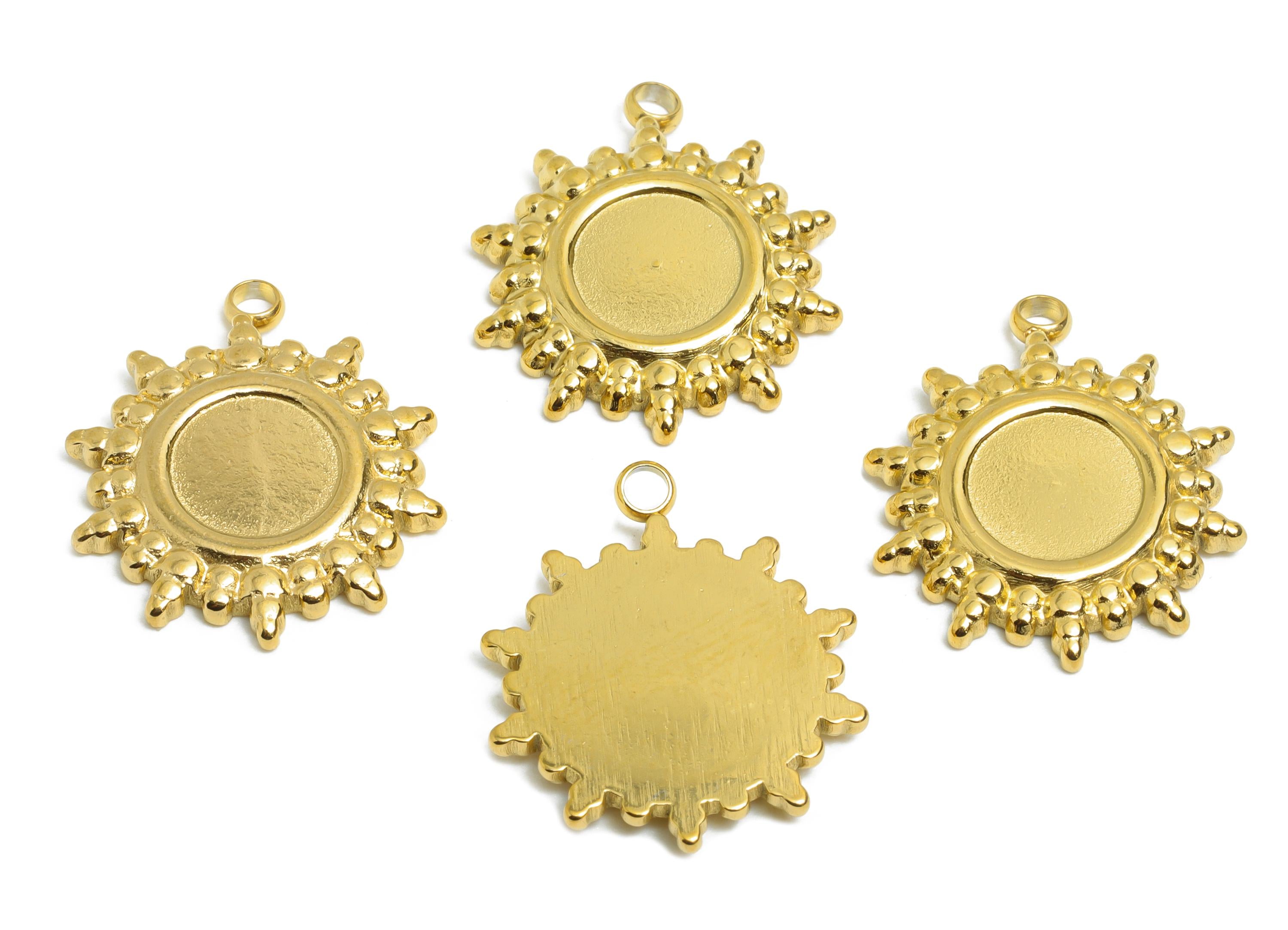 Stainless Steel Sunburst Pendant - Celestial Sun Pendant for Necklace - Antique Sunshine Charm - 18K Vacuum Plated - 20.9x18x2mm - SS2195G - DOMEDBAZAAR