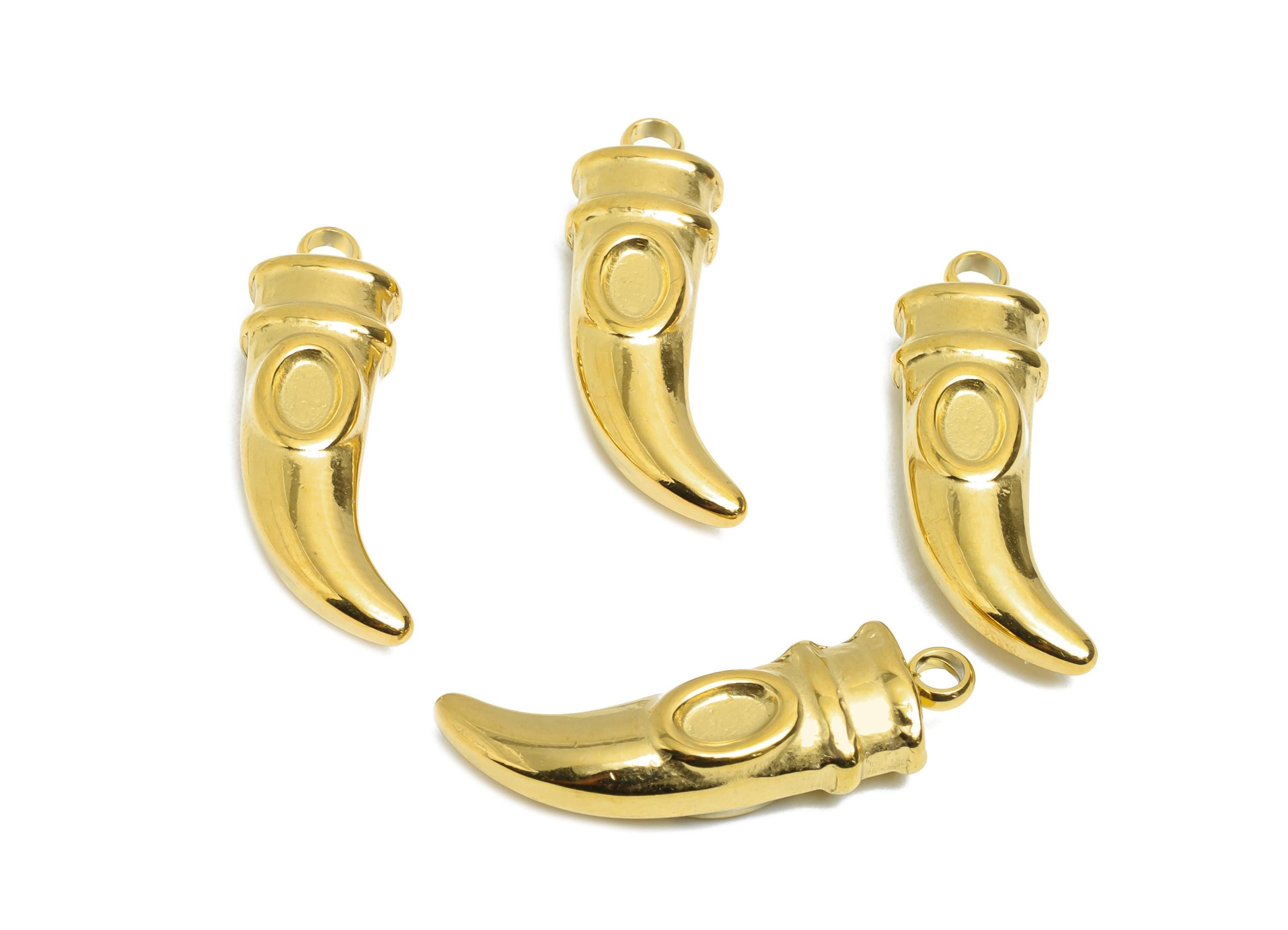 Steel Horn Charms - Golden Curved Horn Pendant for Gem - Statement Horn Necklace Pendant - 18K Real Vacuum Plated - 29x8.95x5.78mm - SS2207G - DOMEDBAZAAR