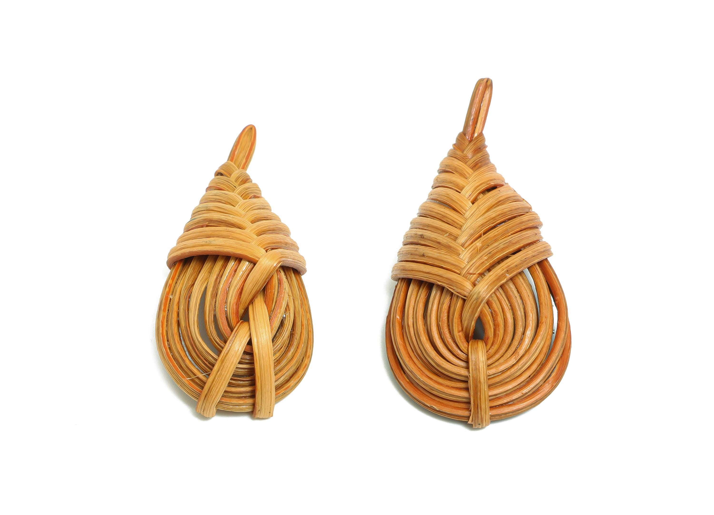 Handwoven Rattan Charms - Drop Rattan Woven Leaf Pendant - Handmade Woven Decor - Wooden Rattan Earring - Jewelry DIY - 48x22x12mm - RT1369 - DOMEDBAZAAR