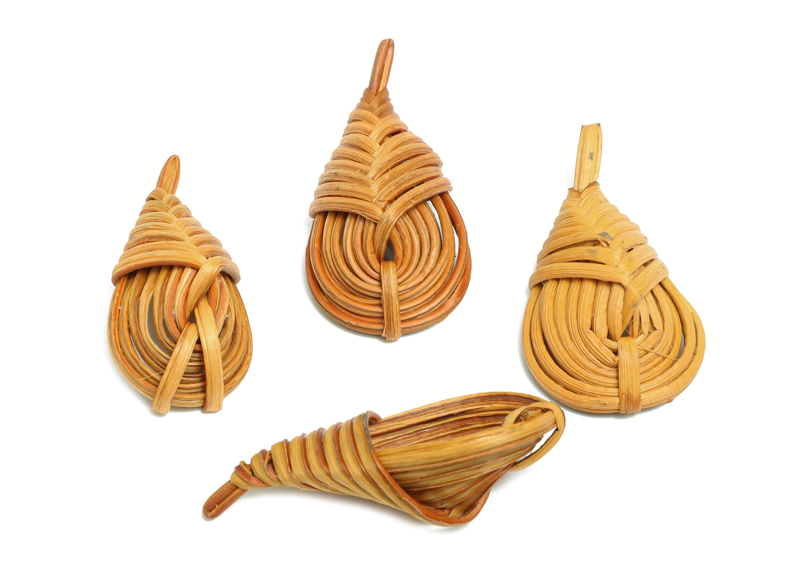 Handwoven Rattan Charms - Drop Rattan Woven Leaf Pendant - Handmade Woven Decor - Wooden Rattan Earring - Jewelry DIY - 48x22x12mm - RT1369 - DOMEDBAZAAR