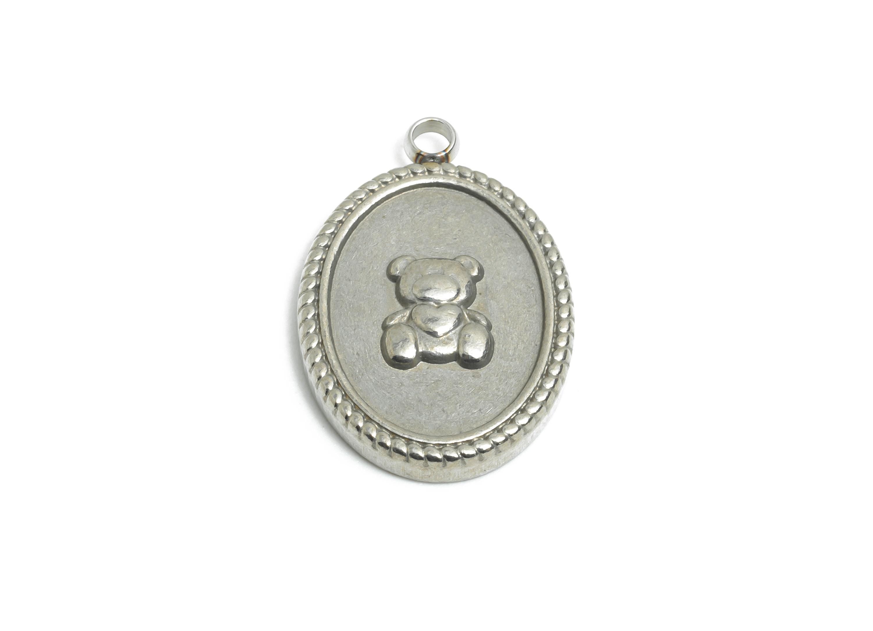 Stainless Steel Bear Pendant - Oval Bear Motif Charm - Refined Children's Jewelry Charm - Silver Steel Bear Jewelry - 20.9x14x2.8mm - SS2566 - DOMEDBAZAAR