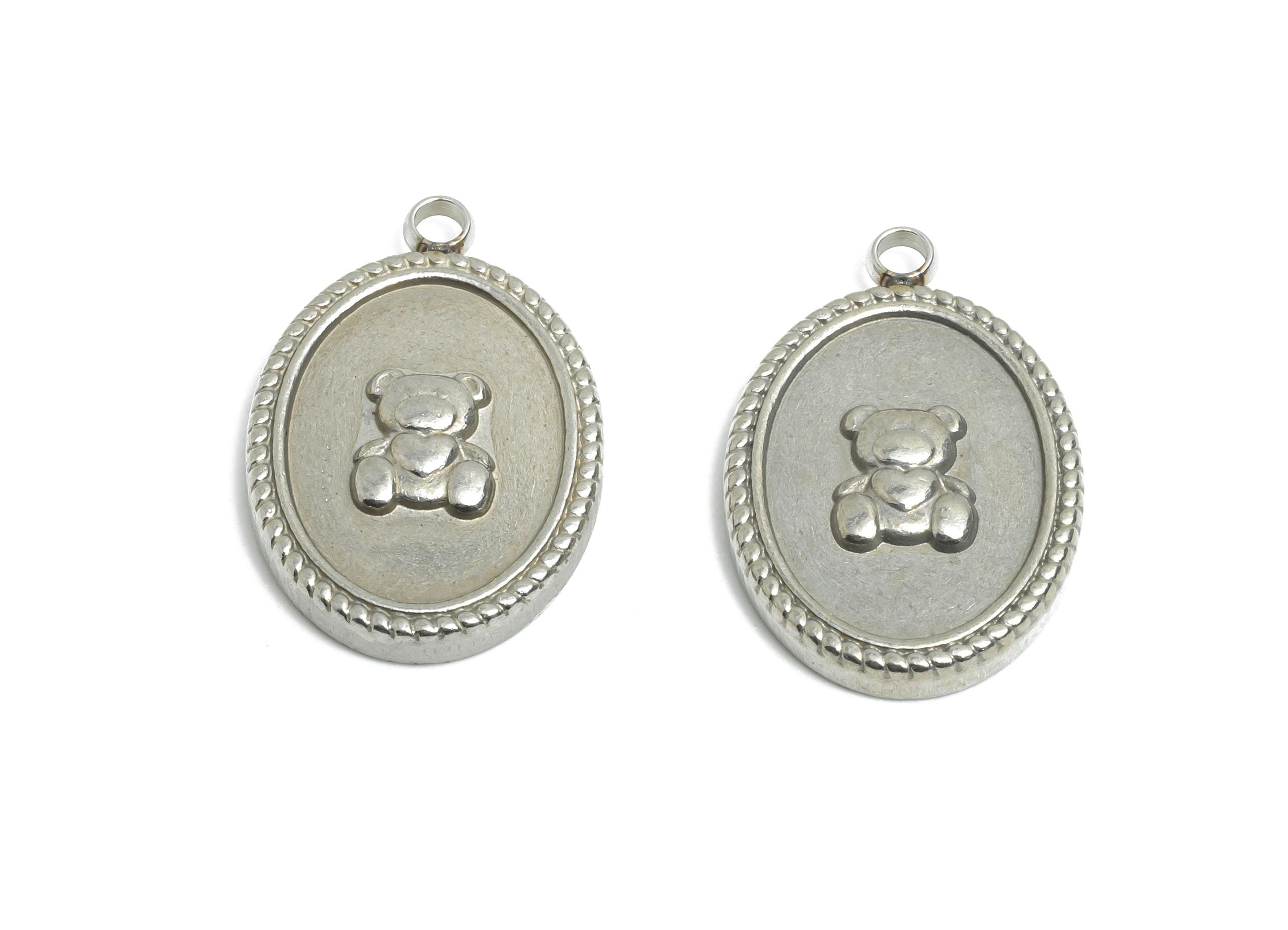 Stainless Steel Bear Pendant - Oval Bear Motif Charm - Refined Children's Jewelry Charm - Silver Steel Bear Jewelry - 20.9x14x2.8mm - SS2566 - DOMEDBAZAAR