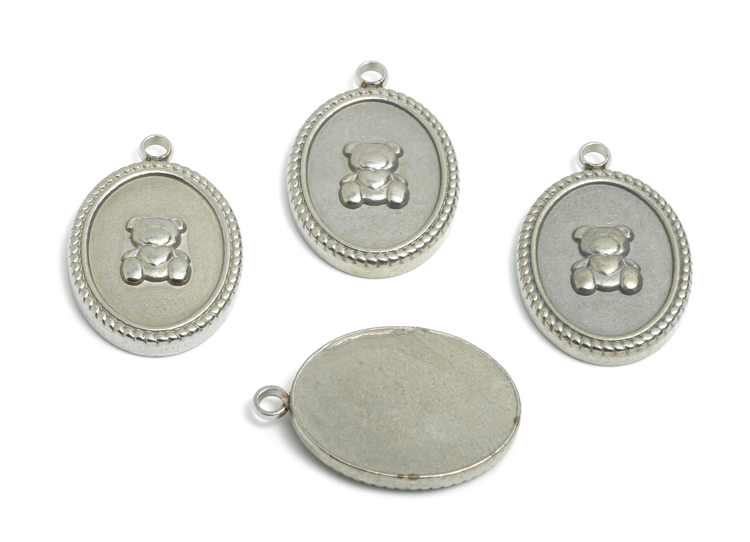 Stainless Steel Bear Pendant - Oval Bear Motif Charm - Refined Children's Jewelry Charm - Silver Steel Bear Jewelry - 20.9x14x2.8mm - SS2566 - DOMEDBAZAAR