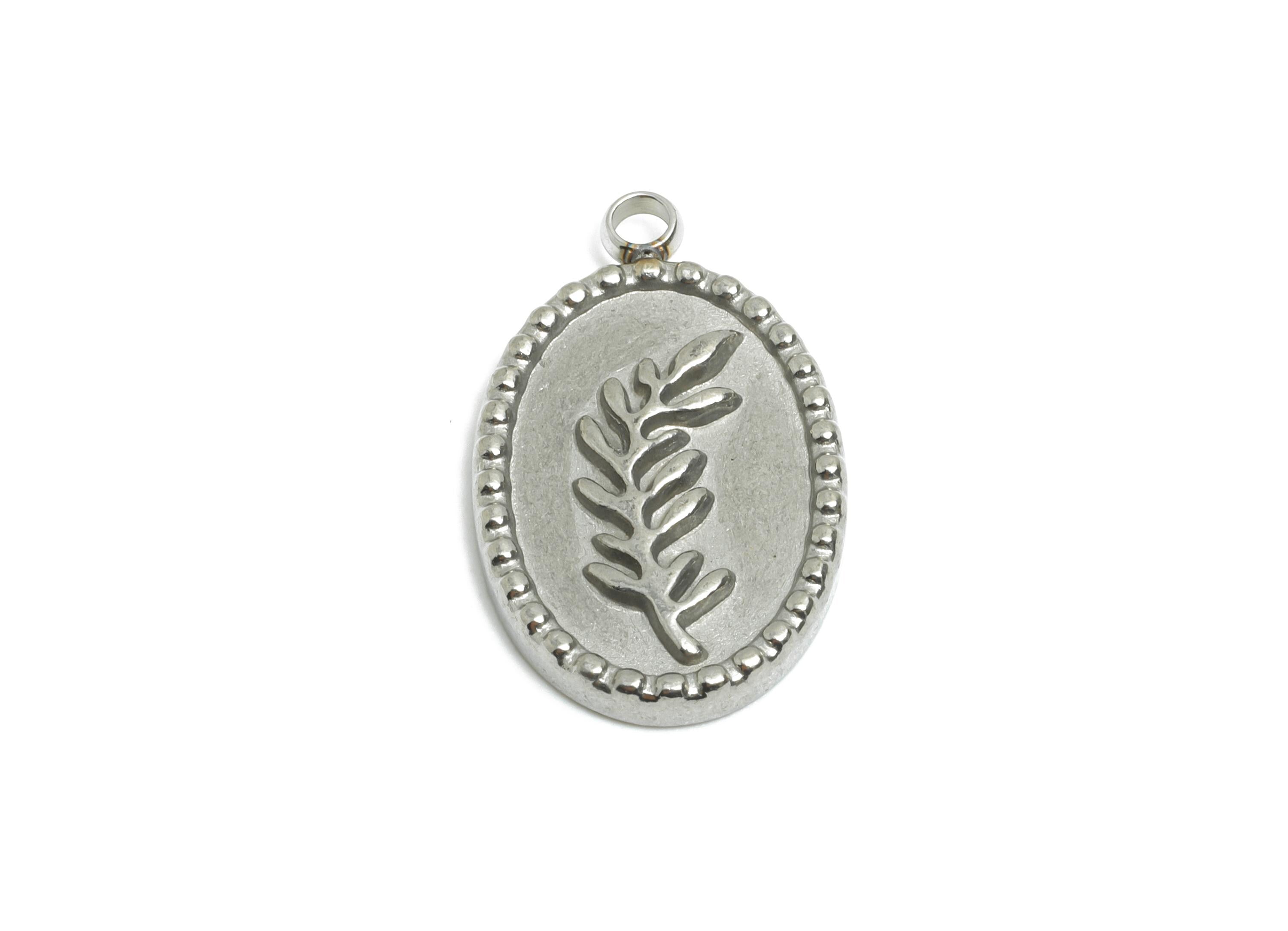 Stainless Steel Leaf Charm - Oval Silver Steel Botanical Pendant - Textured Leaf Embossed Jewelry - Steel Finding - 20.9x12.9x2.4mm - SS2574 - DOMEDBAZAAR