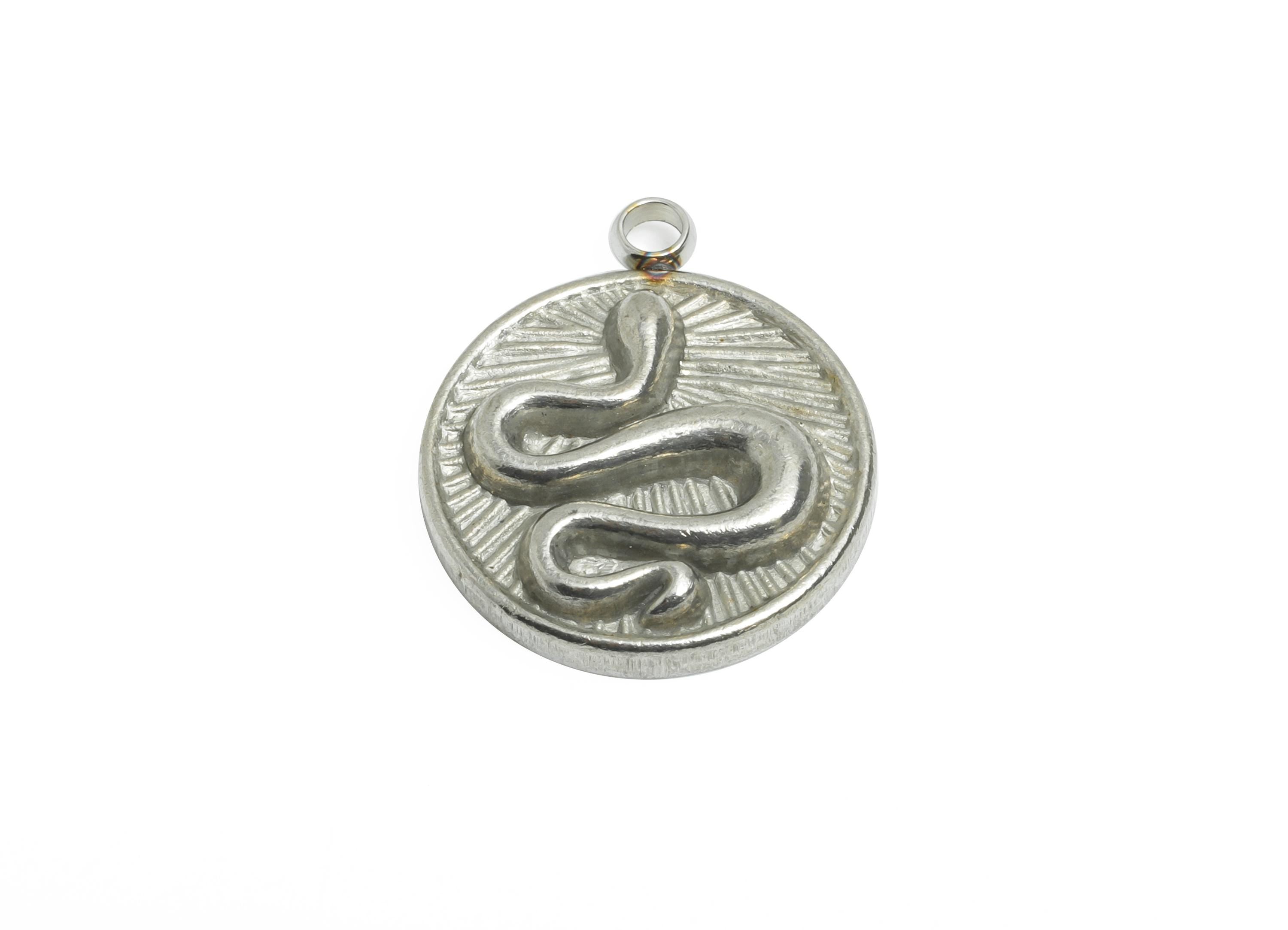 Stainless Steel Snake Charms - Round Snake Motif Necklace Pendant - Vintage Looking Charms - Steel Jewelry Finding - 17.96x15.2x3mm - SS2544 - DOMEDBAZAAR