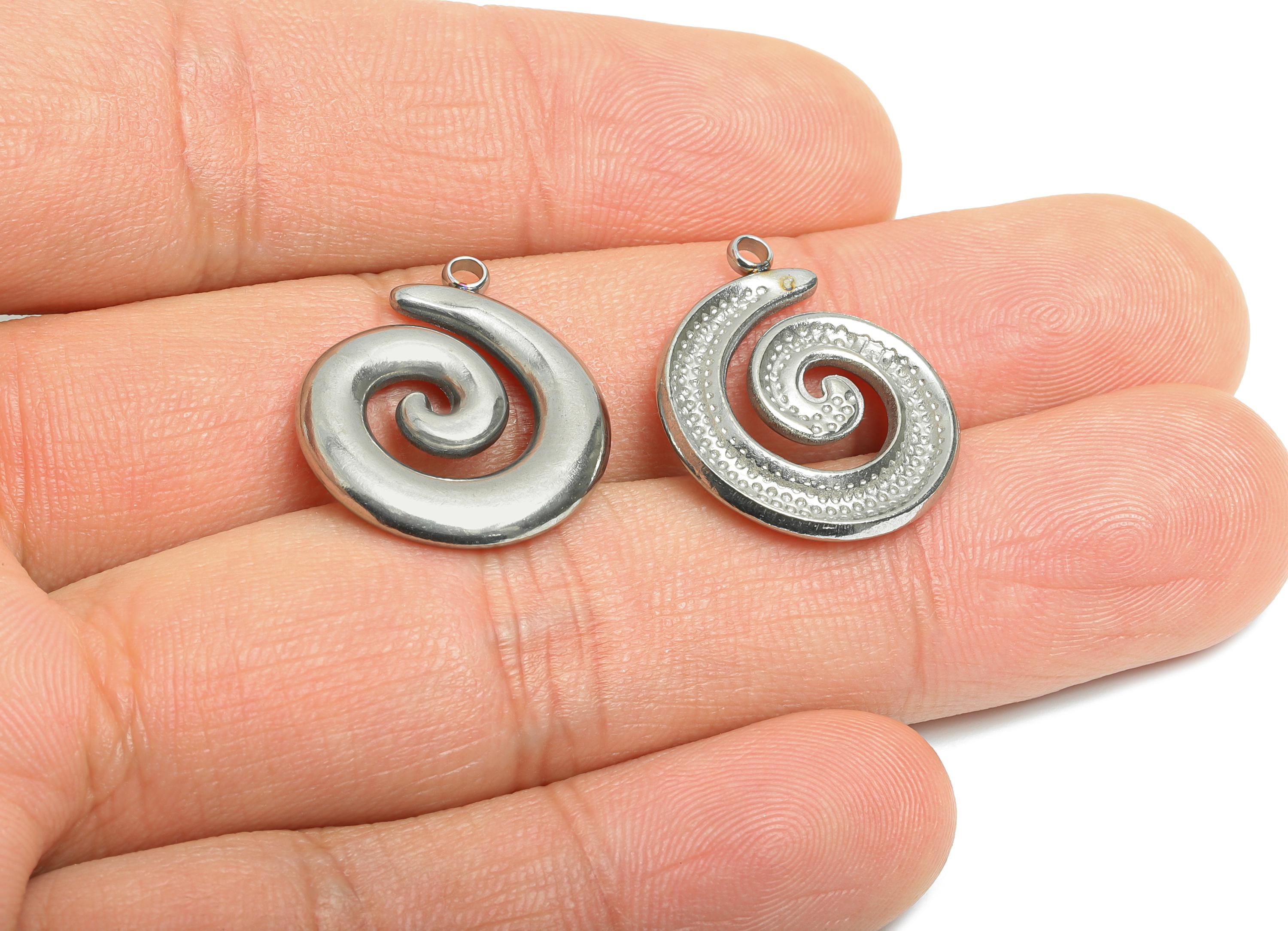 Stainless Steel Snail Charms - Steel Minimalist Swirl Jewelry - Bohemian Abstract Spiral Pendant - Steel Jewelry - 22.4x18.8x2.3mm - SS2540 - DOMEDBAZAAR
