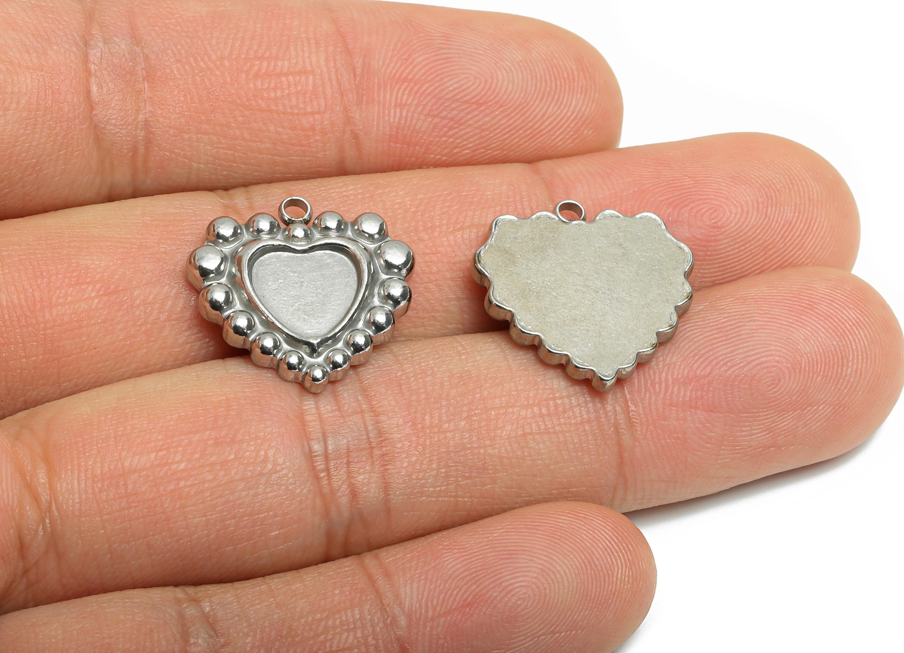 Stainless Steel Heart Charm - Vintage Looking Heart Charm - Steel Antique Looking Beaded Heart Charm - Steel Jewelry - 19x17.9x3mm - SS2576 - DOMEDBAZAAR