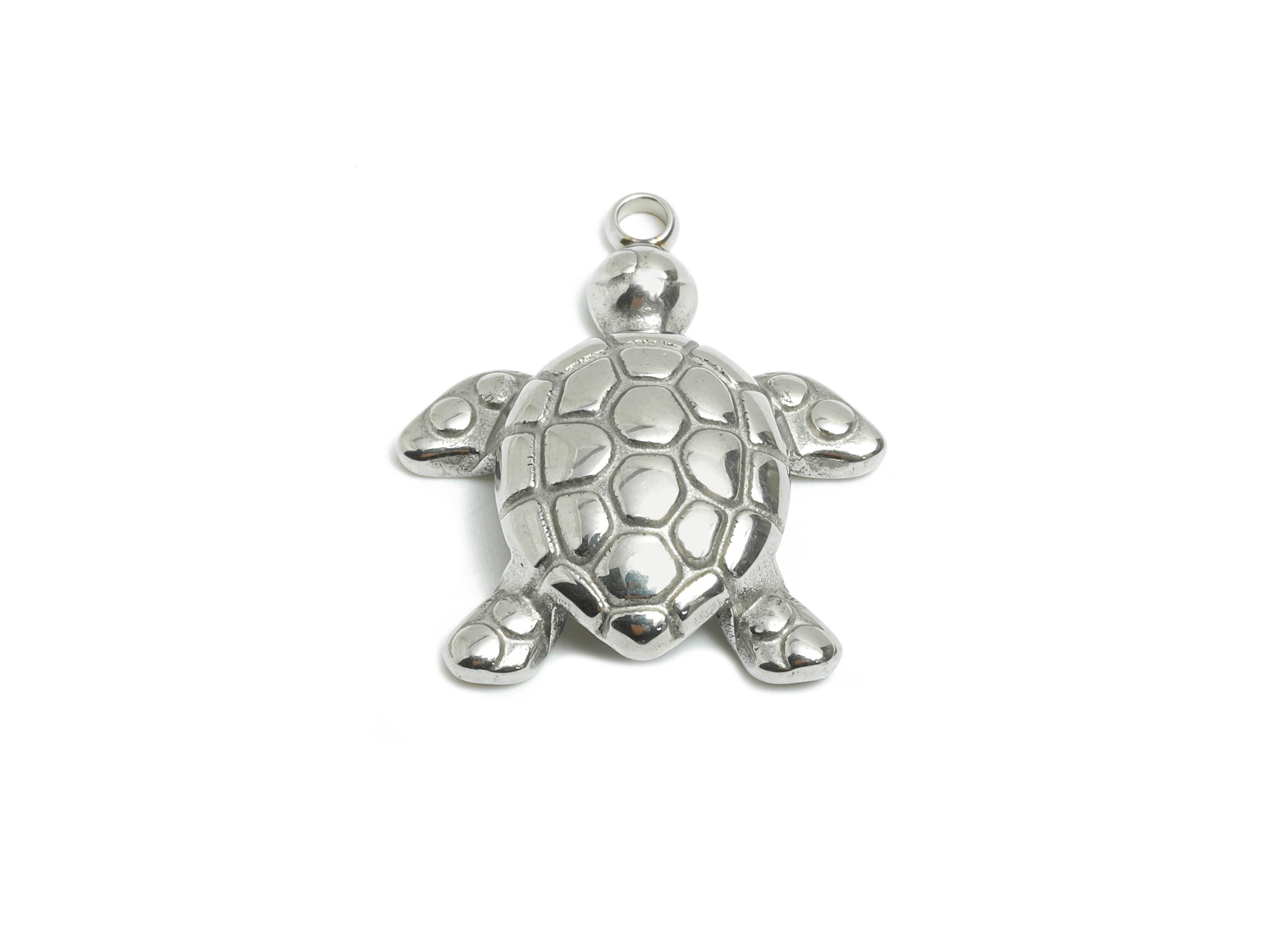 Stainless Steel Turtle Charms - Steel Textured Marine Pendant - Minimalist Sea Life Jewelry Piece - Steel Jewelry - 22x18.7x4.4mm - SS2536 - DOMEDBAZAAR