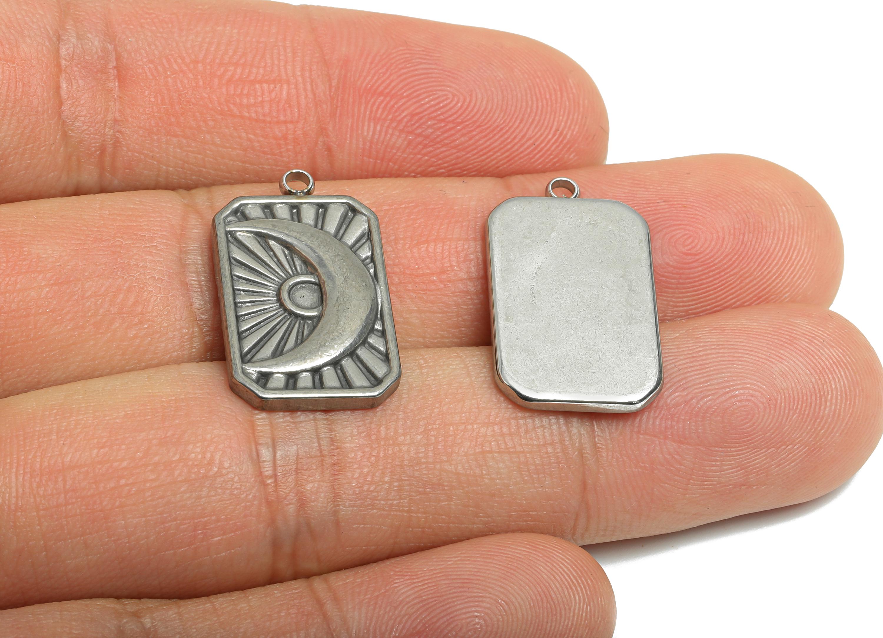 Stainless Steel Rectangle Pendant - Mystical Celestial Crescent Charms - Cosmic Jewelry Making - Steel Findings - 23.6x13.6x2.4mm - SS2561 - DOMEDBAZAAR