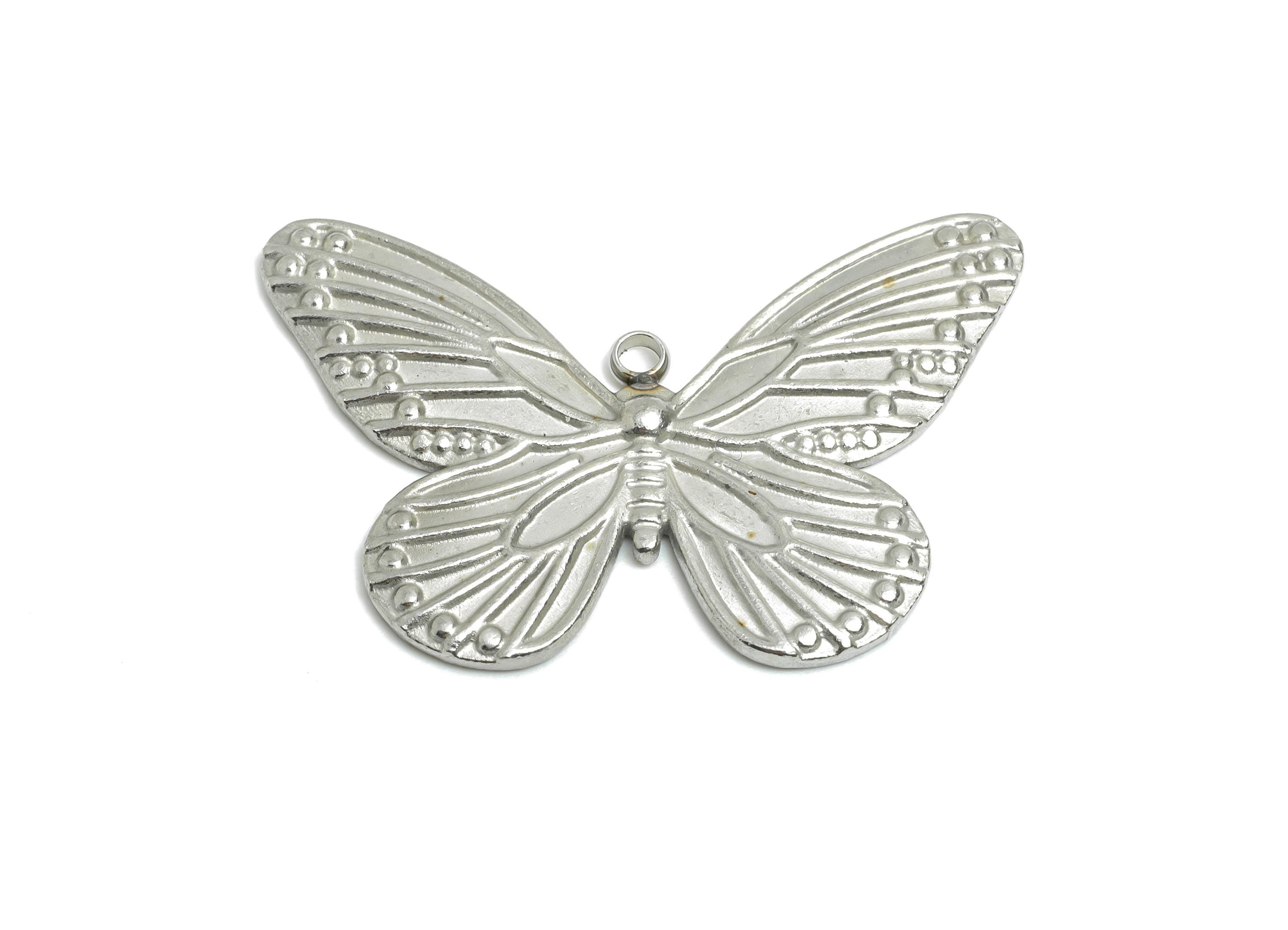 Steel Butterfly Pendant - Textured Butterfly Necklace Pendant - Delicate Butterfly Ornament - Steel Jewelry - 24.45x35.66x1.85mm - SS2538 - DOMEDBAZAAR