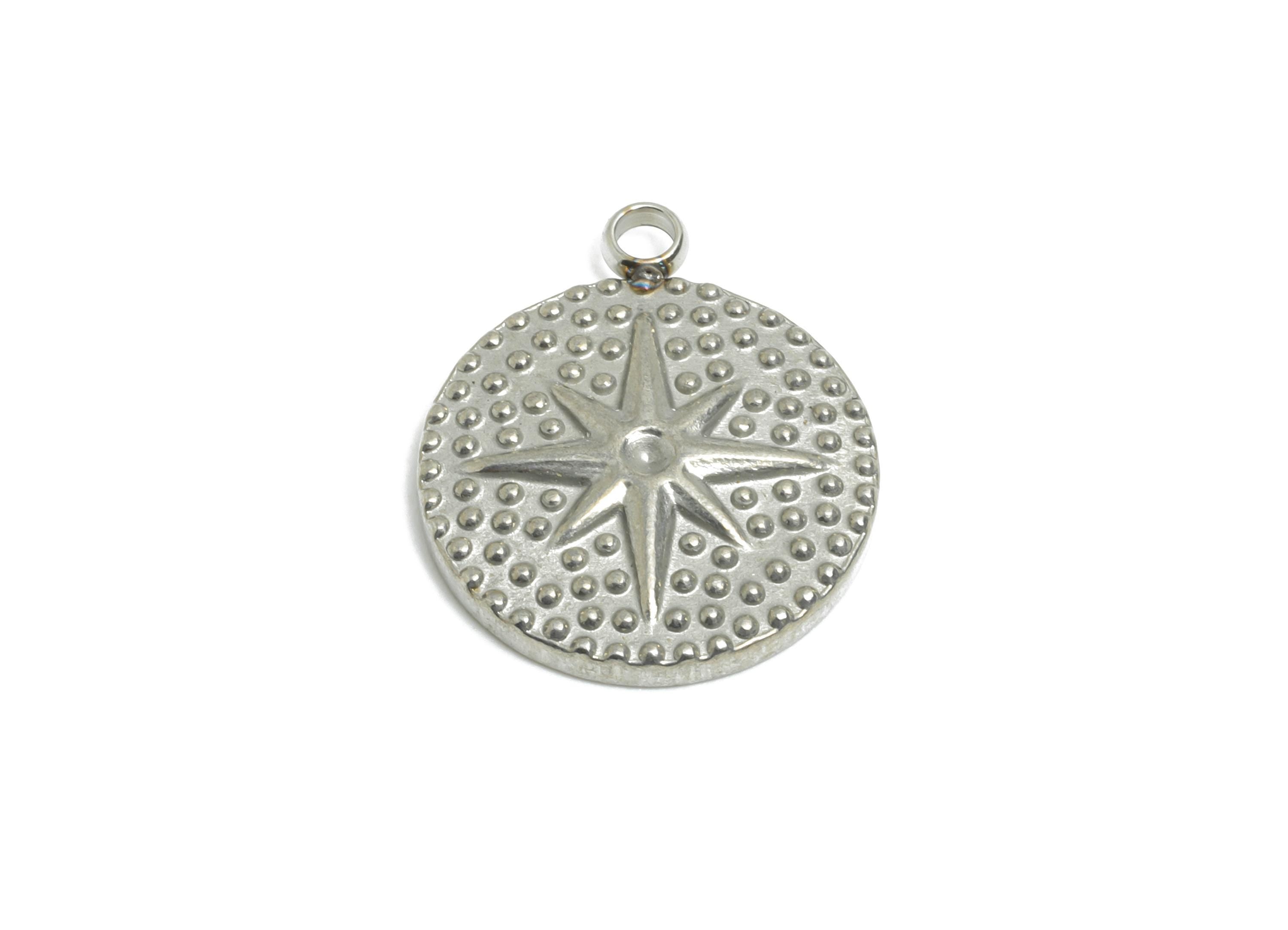 Stainless Steel Round Pendant - Textured Celestial North Star Disc Charm - Cosmic Jewelry Making - Steel Findings - 17x15x2.51mm - SS2565 - DOMEDBAZAAR
