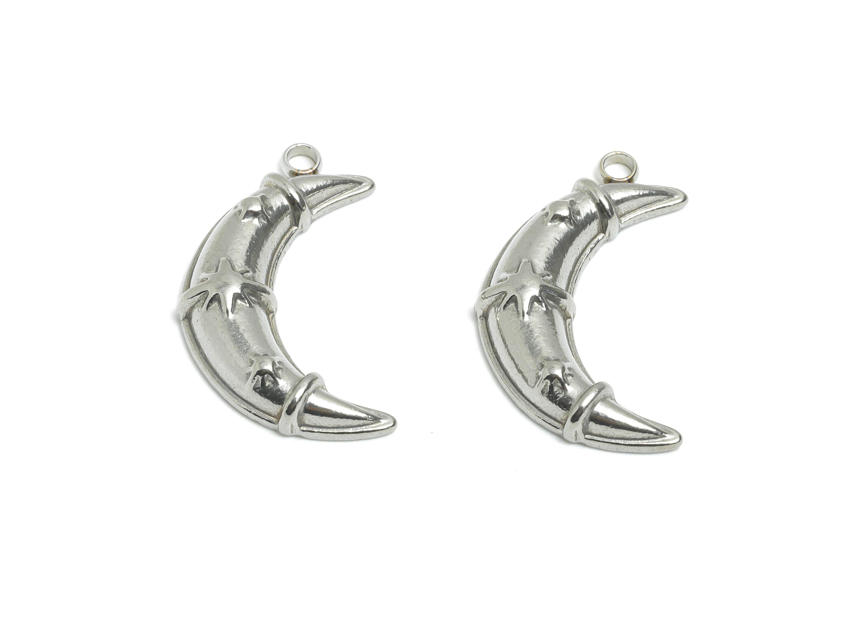 Stainless Steel Crescent Pendant - Steel Star and Moon Ornament - Minimalist Celestial Moon Charm - Steel Jewelry Charm - 24x12x4mm - SS2559 - DOMEDBAZAAR