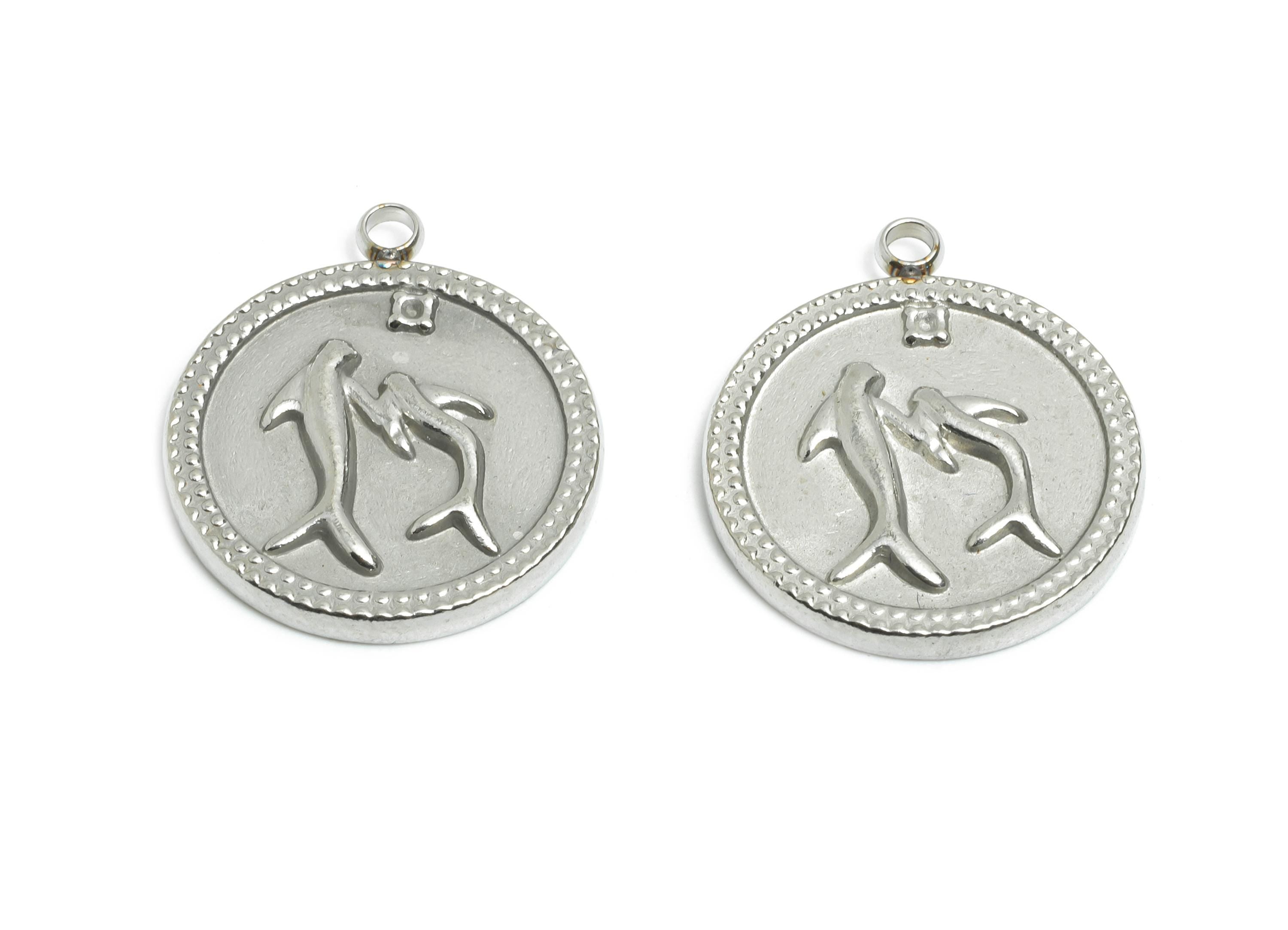 Stainless Steel Dolphin Pendant - Round Steel Marine Life Coin Charm - Elegant Dolphin Charm - Stainless Steel Jewelry - 20x18x2mm - SS2556 - DOMEDBAZAAR