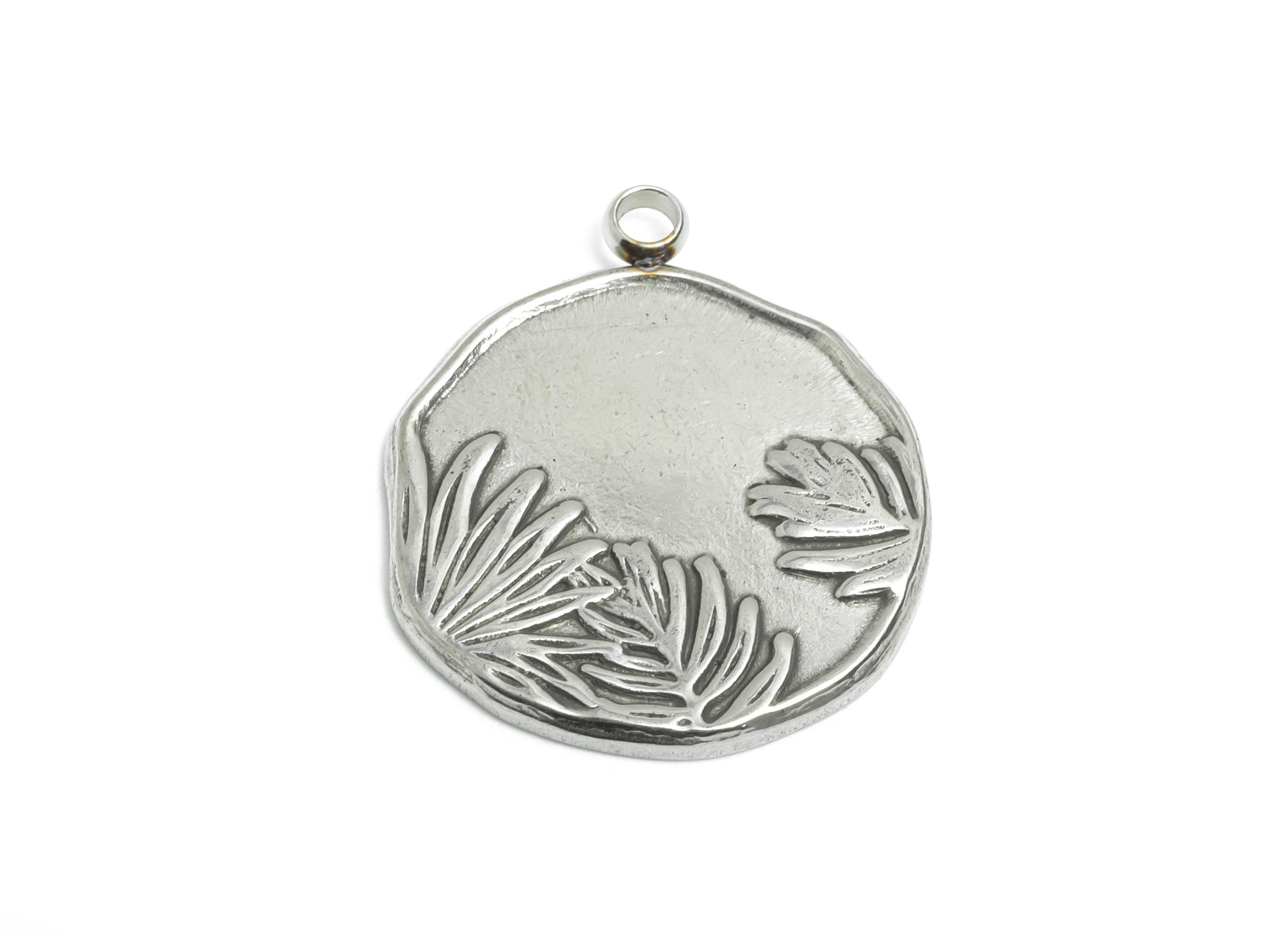 Stainless Steel Leaf Pendant - Engraved Leaf Necklace Charm - Minimalist Nature Pendant - Vintage Aesthetic Jewelry - 21x18.13x1mm - SS2577 - DOMEDBAZAAR