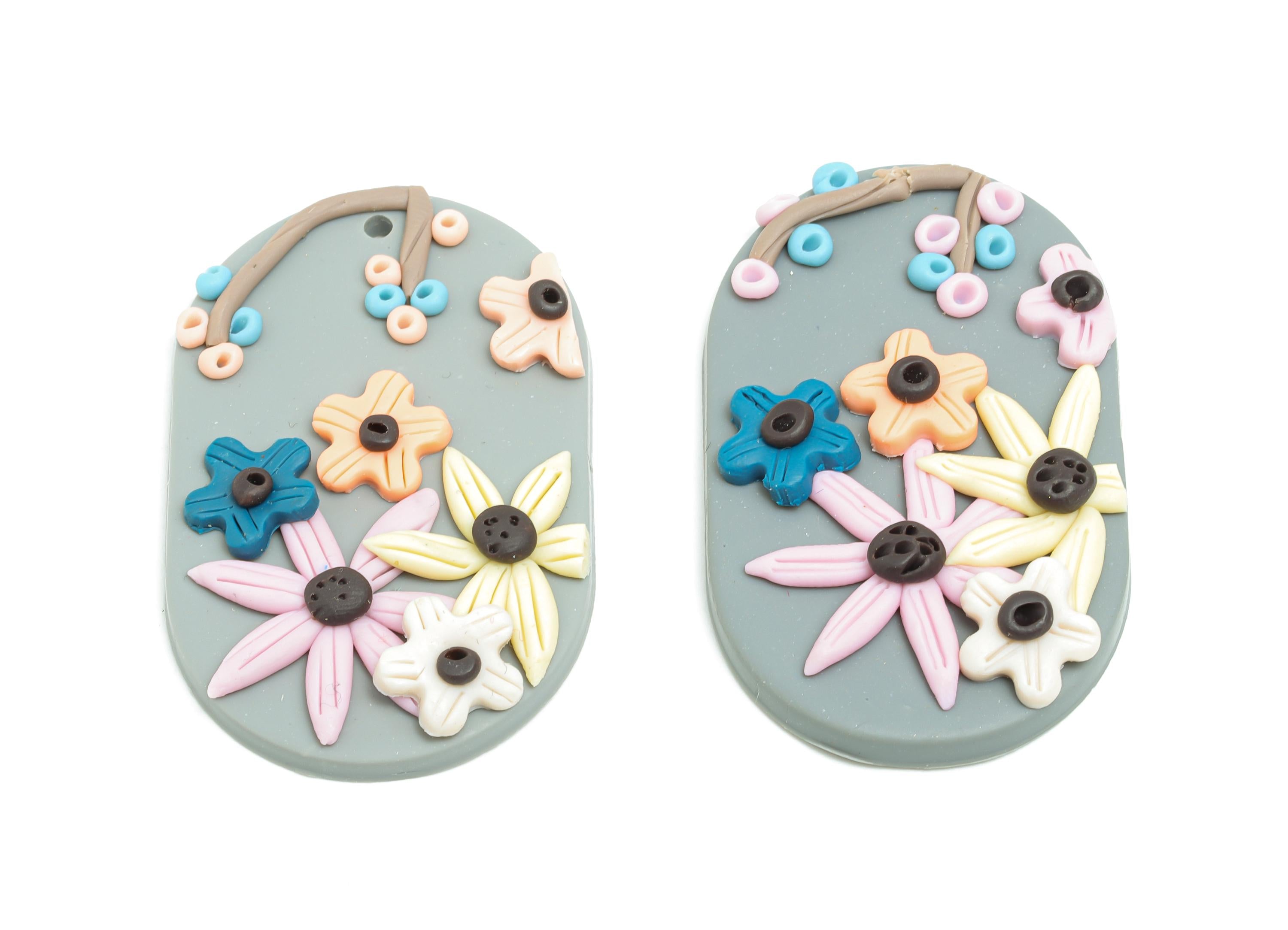 Polymer Clay Flower Pendant - Handmade Floral Earring Pieces - Lightweight Gift Idea for Her - Earrings Handmade Charm - 44x28x5mm - PC2414 - DOMEDBAZAAR