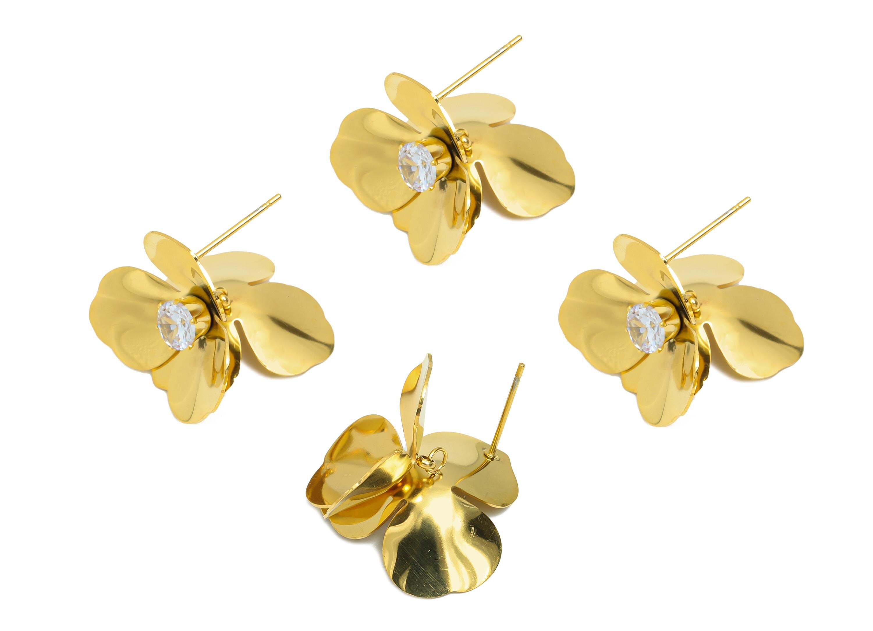 Steel 3D Dangle Petal Stud - Unique Cubic Zircon Flower Post - Statement Golden Botanical Stud - Gold Vacuum Plated - 22.37x23x8mm - SS2418 - DOMEDBAZAAR