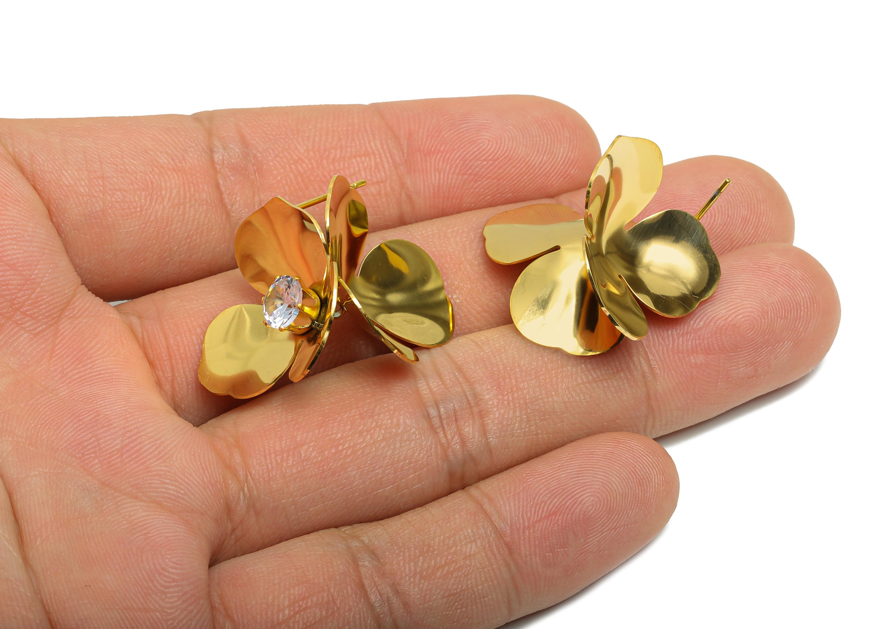 Steel 3D Dangle Petal Stud - Unique Cubic Zircon Flower Post - Statement Golden Botanical Stud - Gold Vacuum Plated - 22.37x23x8mm - SS2418 - DOMEDBAZAAR