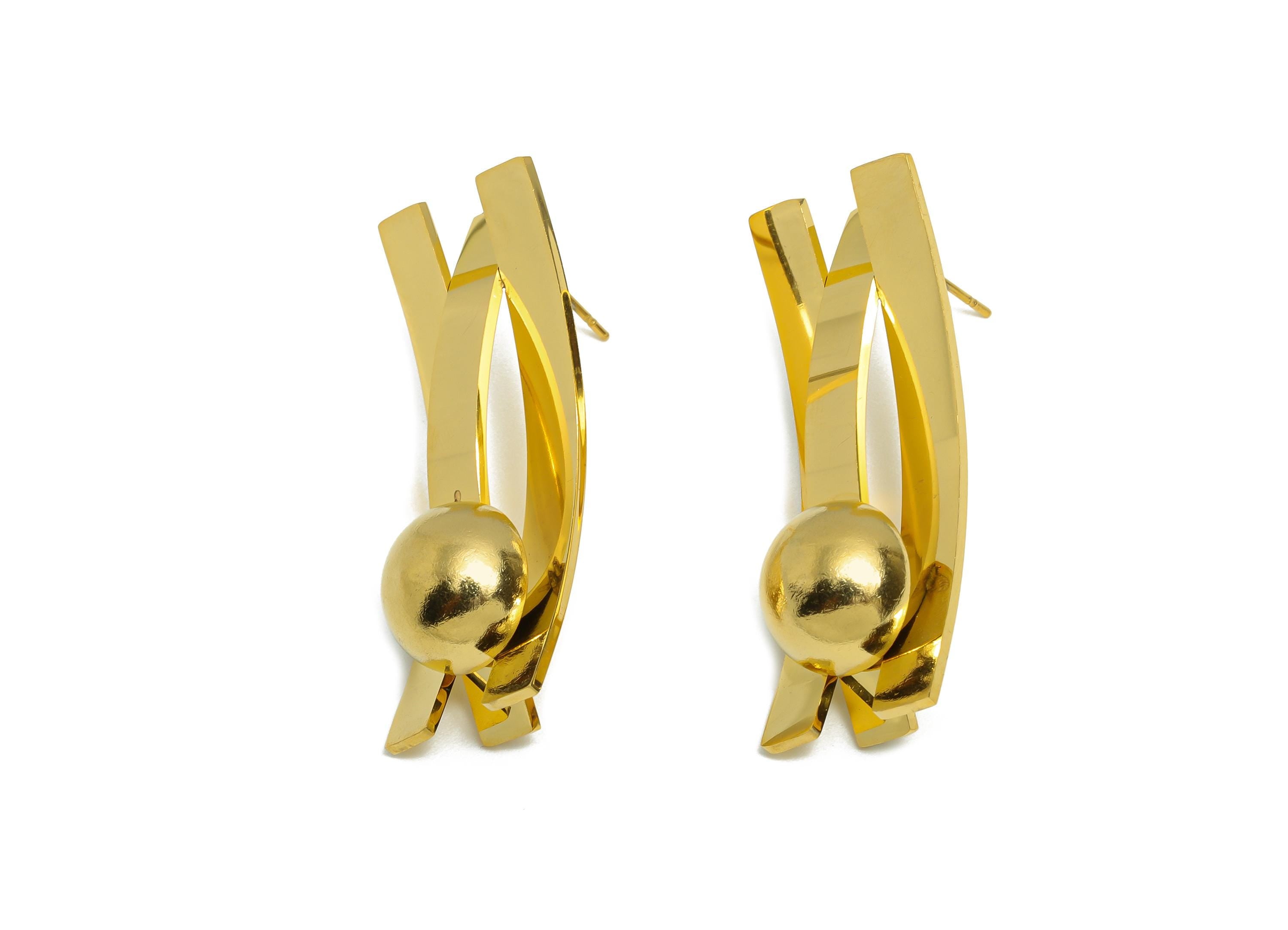 Steel Geometric Earring Stud - Modern Bar and Half Ball Earrings - Bold Statement Metal Post - Vacuum Gold Plating - 40.7x15x10.8mm - SS2419 - DOMEDBAZAAR