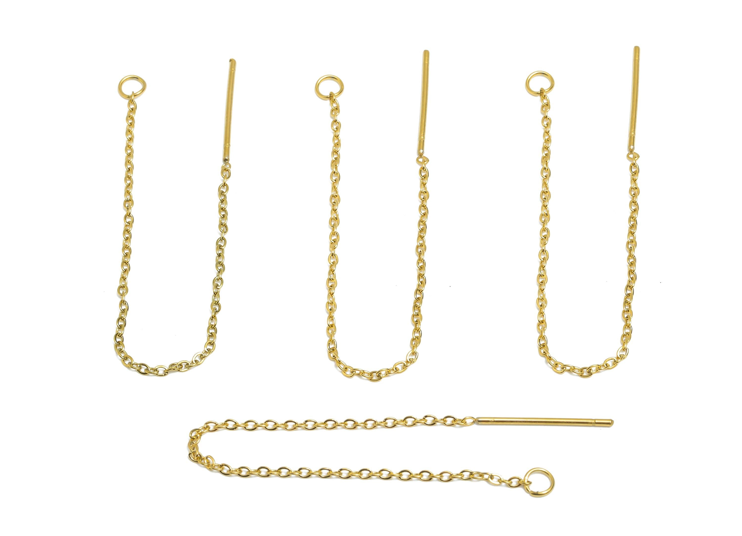 7cm Steel Dangle Chain Earring Post - Flat Cable Chain Earring Stud - Threader Earrings With Loop - 18k Real Vacuum Plating - SS2133G - DOMEDBAZAAR