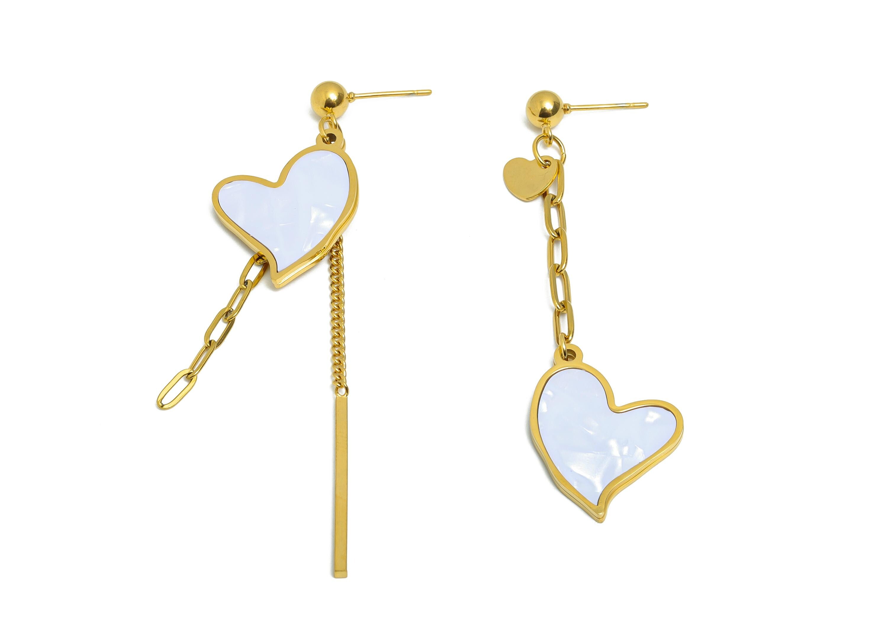 Steel Heart Dangle Tassel Stud - Gold Asymmetrical Heart Hanging Post - Chic Chain Tassel Stud - Gold Vacuum Plated - 73.5x18x1.8mm - SS2415 - DOMEDBAZAAR