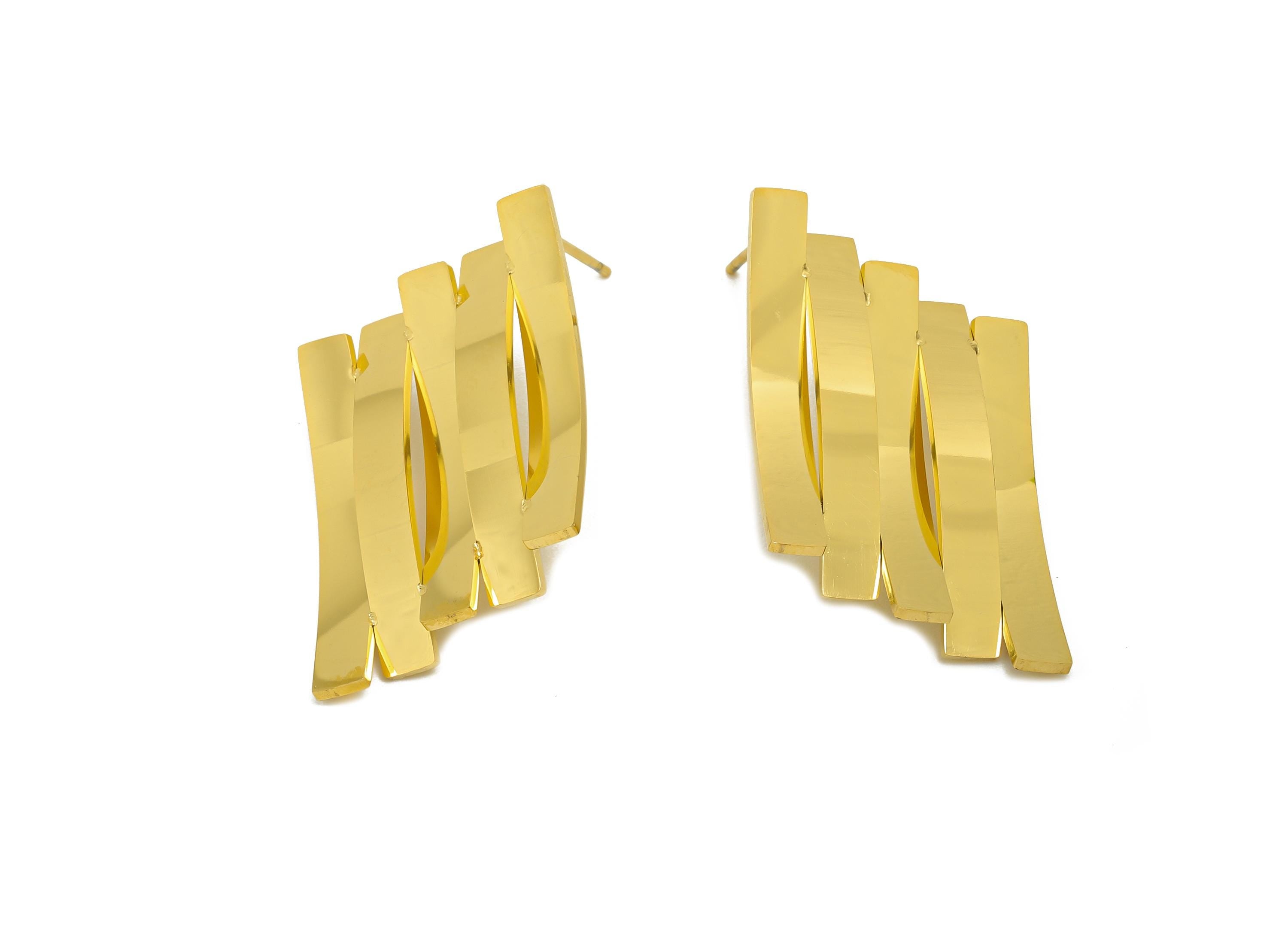 Steel Geometric Earring Stud - High Fashion Gold Earrings Post - Bold Statement Metal Post - Vacuum Gold Plating - 43x19.9x2.95mm - SS2421 - DOMEDBAZAAR