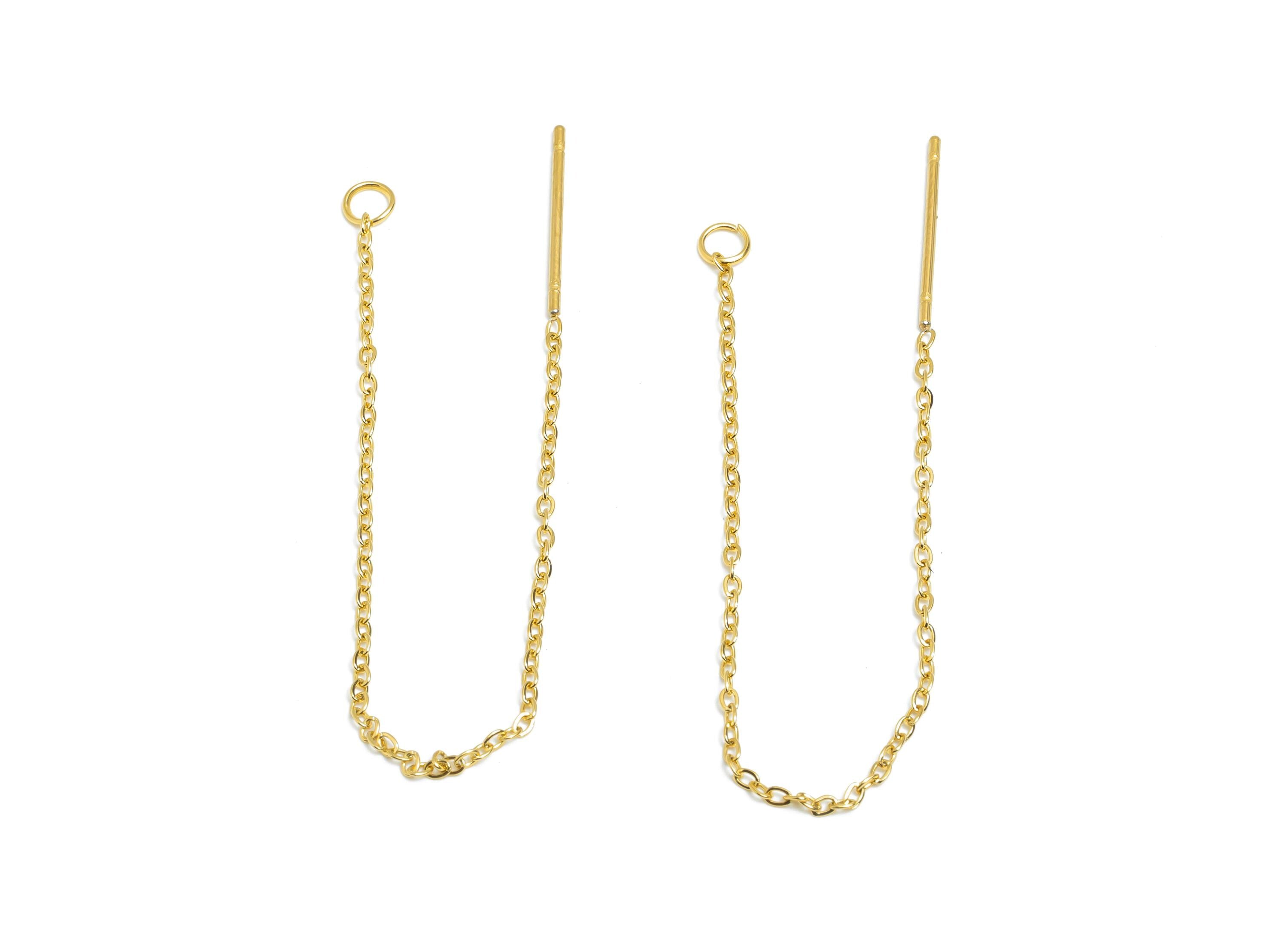 8cm Steel Dangle Chain Earring Post - Flat Cable Chain Earring Stud - Threader Earrings With Loop - 18k Real Vacuum Plating - SS2134G - DOMEDBAZAAR
