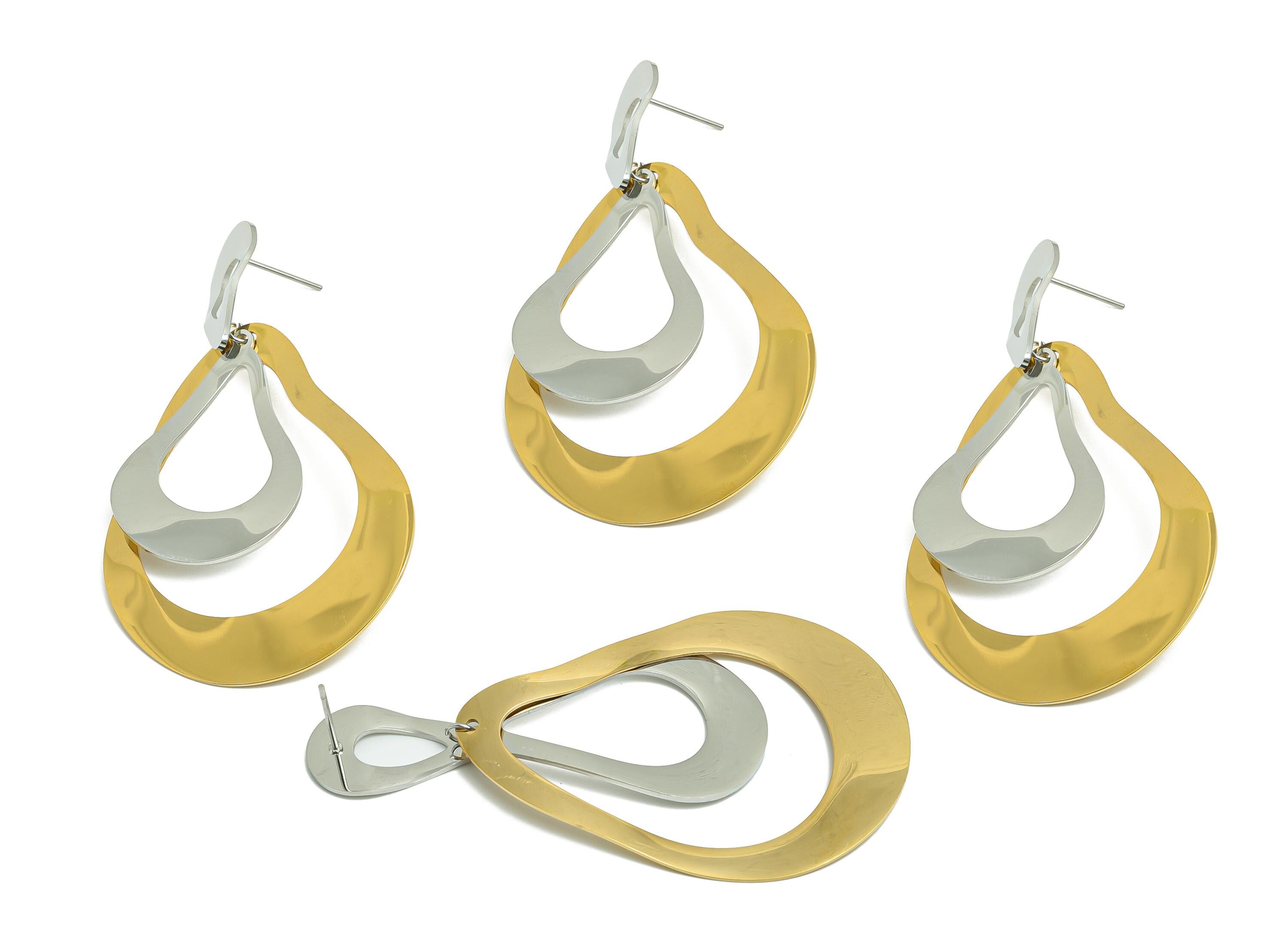 Stainless Steel Drop Earring Stud - Abstract Geometric Earring Stud - Bold Dangle Earring Post - Vacuum Gold Plating - 72x39x0.85mm - SS2417 - DOMEDBAZAAR