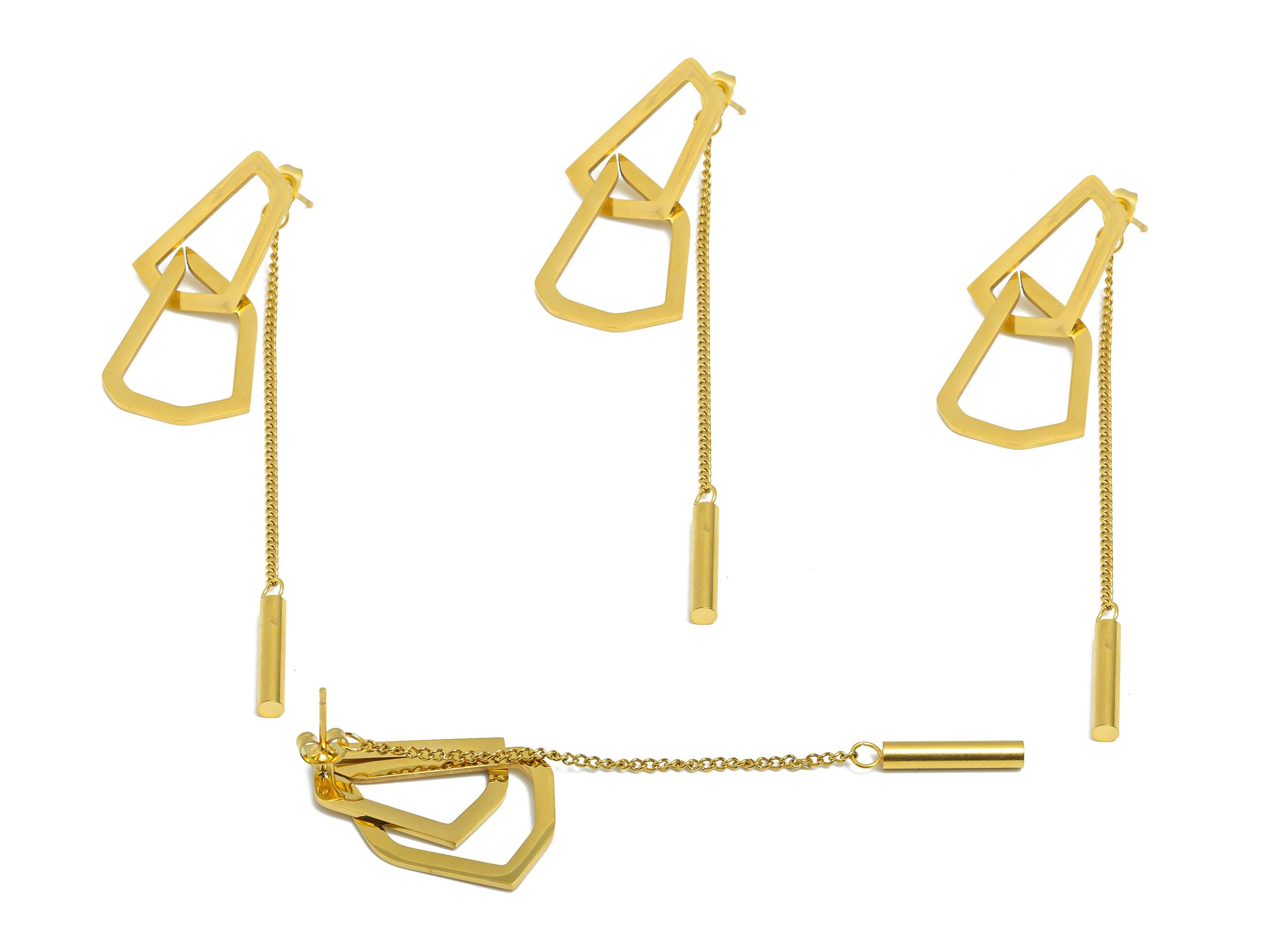 Steel Geometric Dangle Earring Stud - Chic Chain Earrings Stud - Elegant Modern Dangle Earring - Vacuum Gold Plating - 77x25x2.98mm - SS2416 - DOMEDBAZAAR