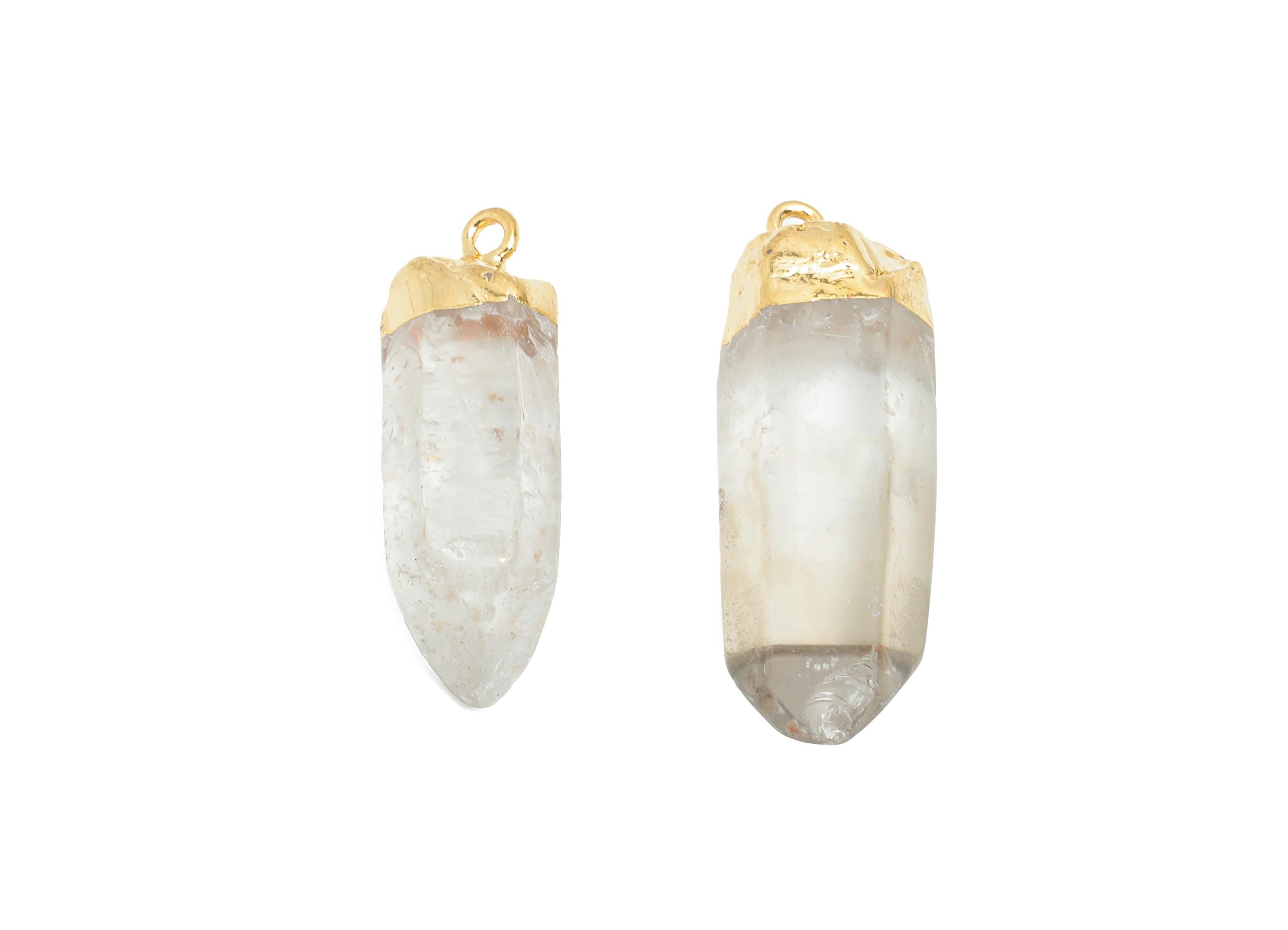 White Crystal Tower Pendant - Raw Gemstone Columnar Charm for Necklace - Healing Stone Jewelry - KC Gold Tone Plated - 34.8x10x10mm - NS3036 - DOMEDBAZAAR