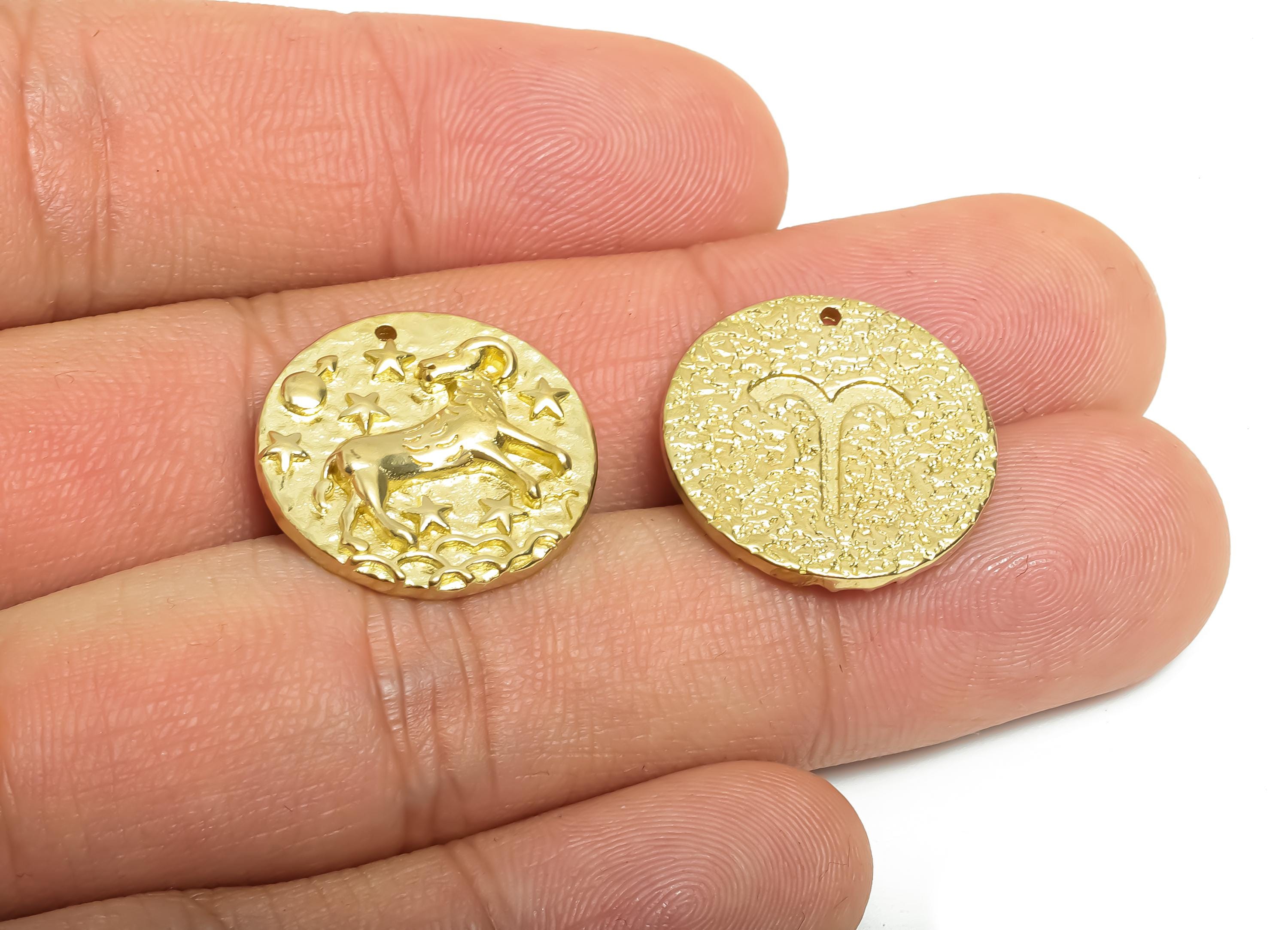 Aries Zodiac Round Charm - Raw Brass Horoscopes Charm - Round Animal Pendant - Brass Zodiac Pendant - For Necklace - 19.4x19.4x3mm - PP7751M - DOMEDBAZAAR