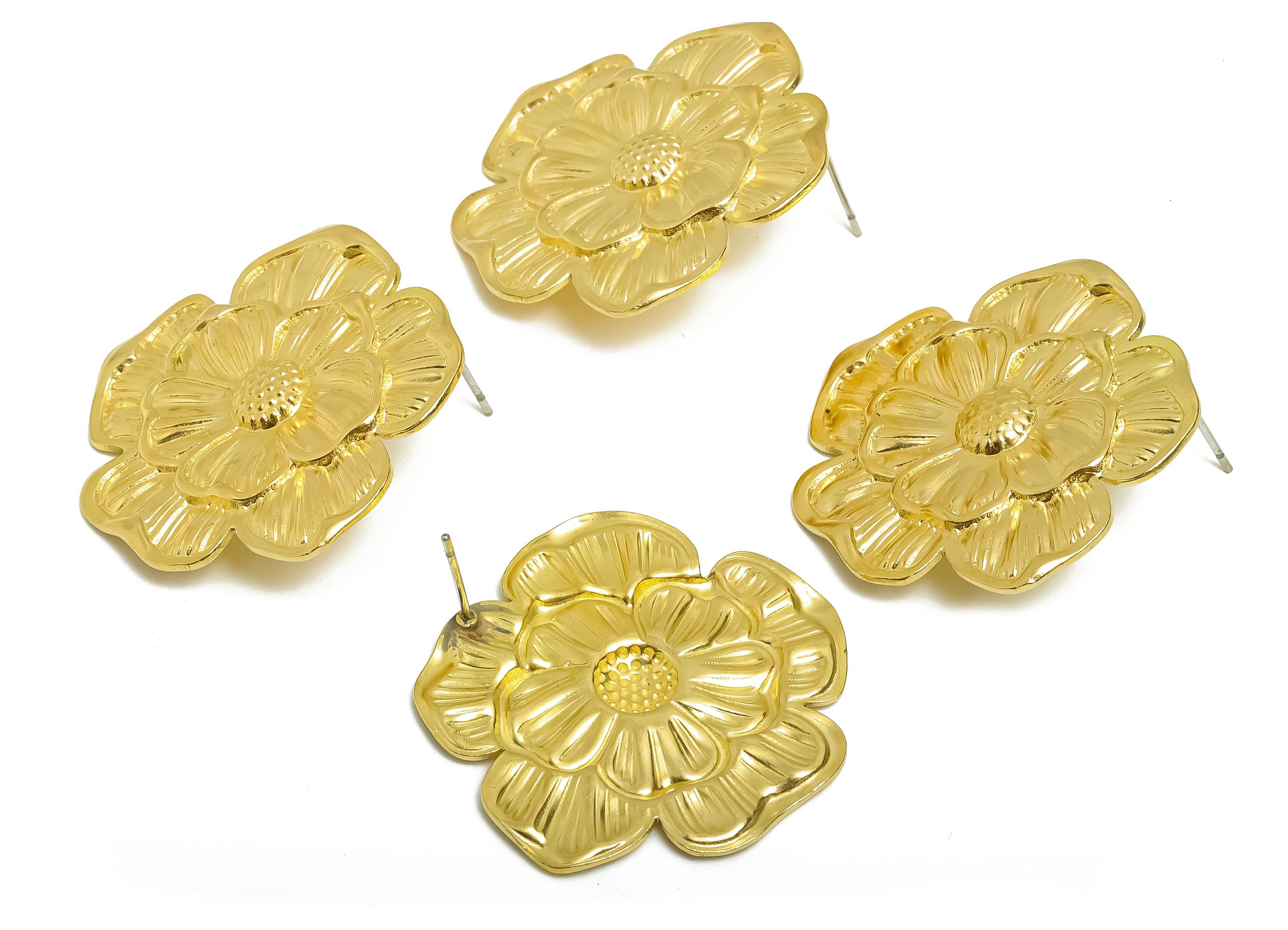 Brass Flower Earring Post - Brass Textured Flower Earring Stud - Fashion Earring For Women - Wedding Or Party Earring - 34x26x10mm - PP11077 - DOMEDBAZAAR