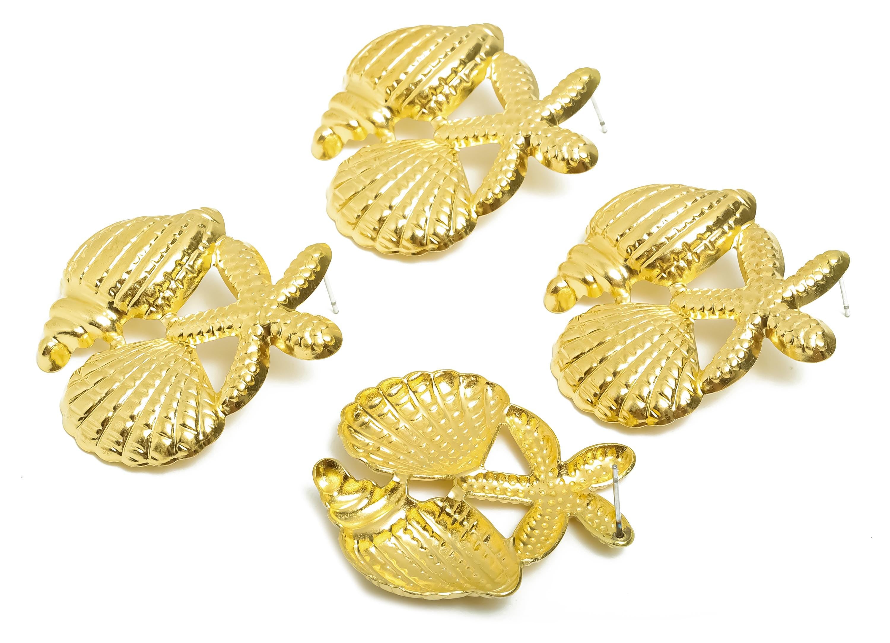 Brass Conch Starfish Post - Textured Shell Marine Earring Stud - Refined Marine Jewelry - Cute Boho Earring Stud - 40x36x5mm - PP11080 - DOMEDBAZAAR