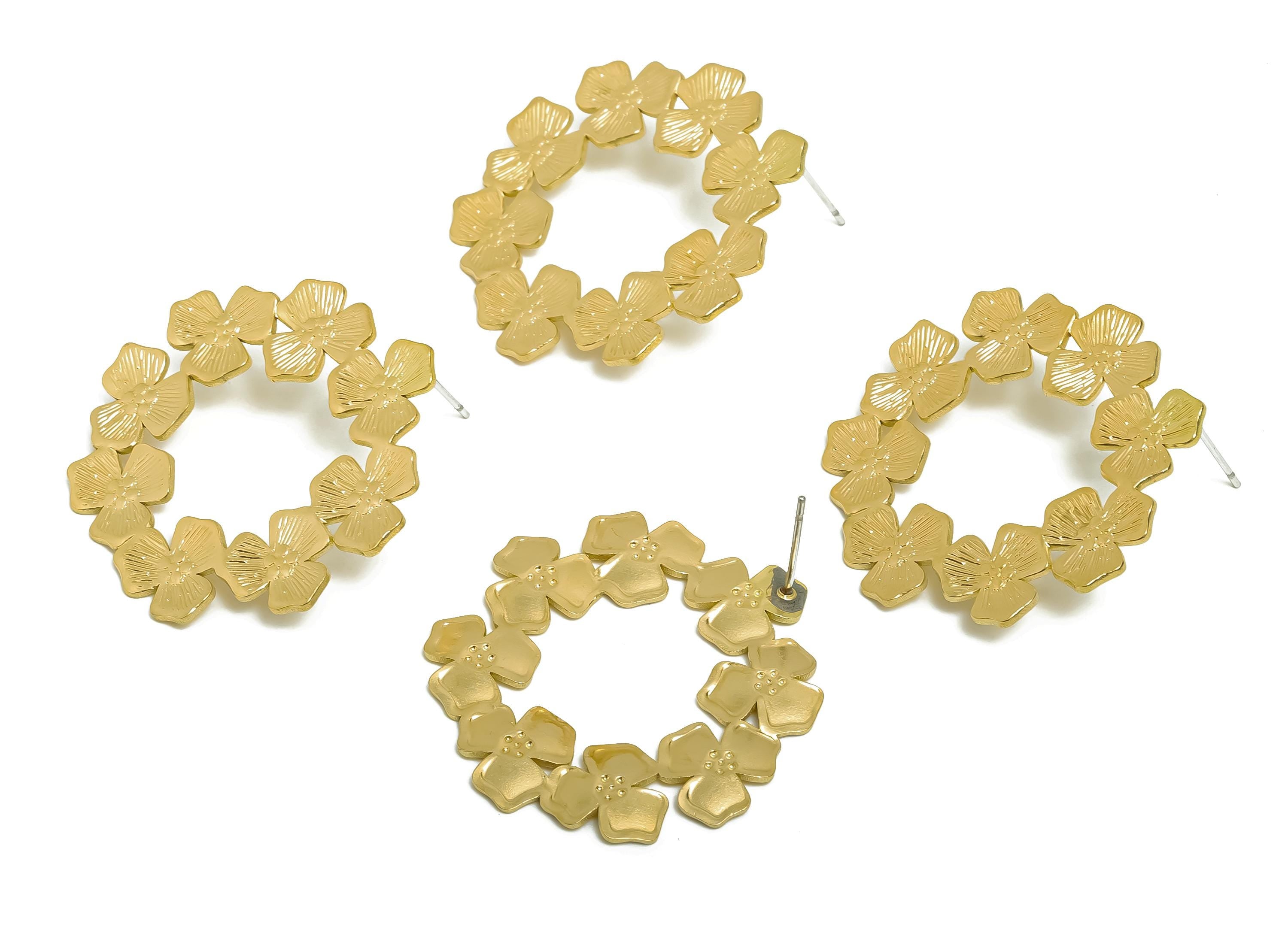 Brass Branch Hoop Earring Post - Elegant Textured Floral Stud - Brass Botanical Bloom Jewelry - Wedding Or Party Earring - 35x34x1mm-PP11075 - DOMEDBAZAAR