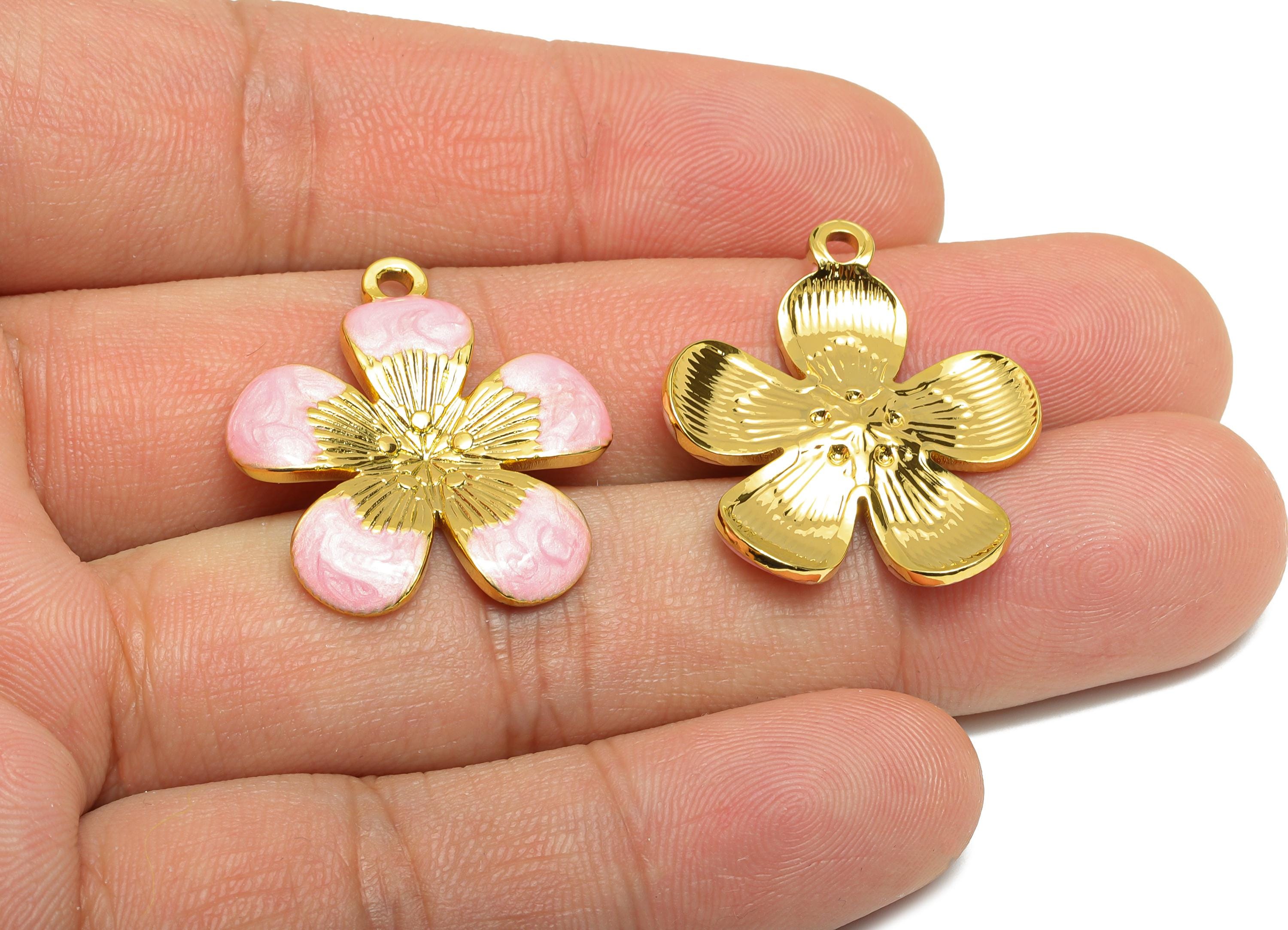 Steel Flower Charms - Enamel Colorful Floral Pendant - Classic Pink Botanical Gift for Her - Gold Tone Vacuum Plating - 15x12x2mm - SS1518 - DOMEDBAZAAR
